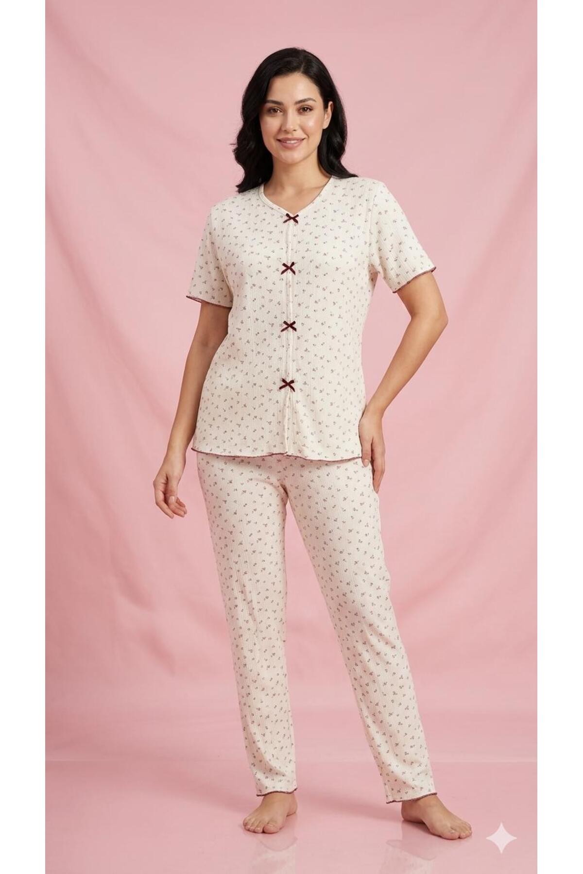 fameshomewear Summer Ecru Plum Flower Patterned Short Sleeve Combed Cotton 100% Cotton Pajama Set