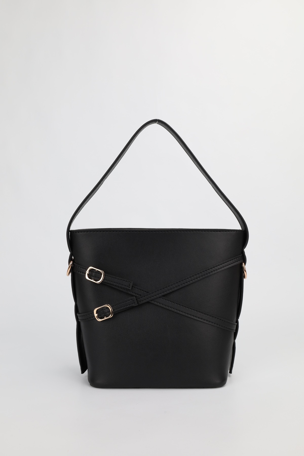 Women's Black Double Belt Detailed Bucket Model Hand Shoulder Crossbody Bag Belle