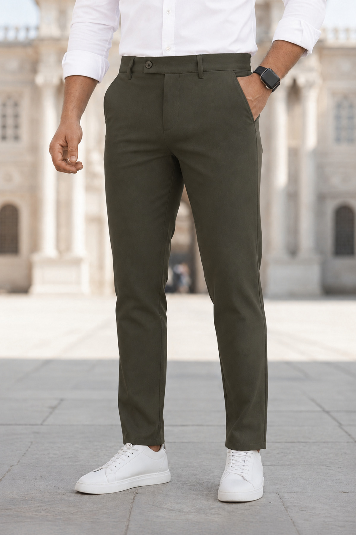 Ser Joven Men's Dark Green Slim Fit Lycra Side Pocket Ankle Length Plain Fabric Trousers