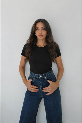 RAMİOR COLLECTION Kadın Siyah Bisiklet Yaka Basic Crop Tişört Kısa Kollu Pamu...
