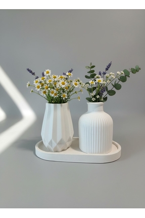 GLRHOME El yapımı taş küçük boy 2'li bohem vazo ve altlık 3 parça set