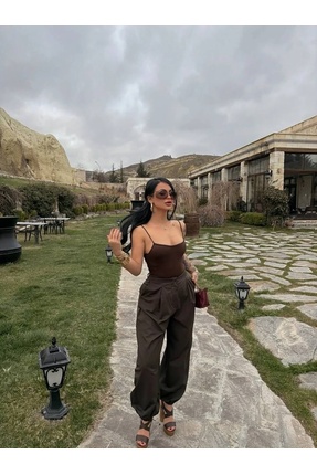 cuteliay butik Kadın Kahverengi Korseli Lastik Paça Jogger Pantolon
