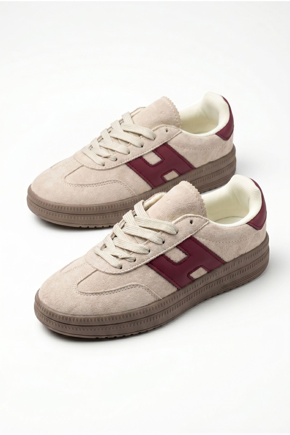 Women's Beige-Burgundy Patterned Women's Retro Sports Shoes TE03
