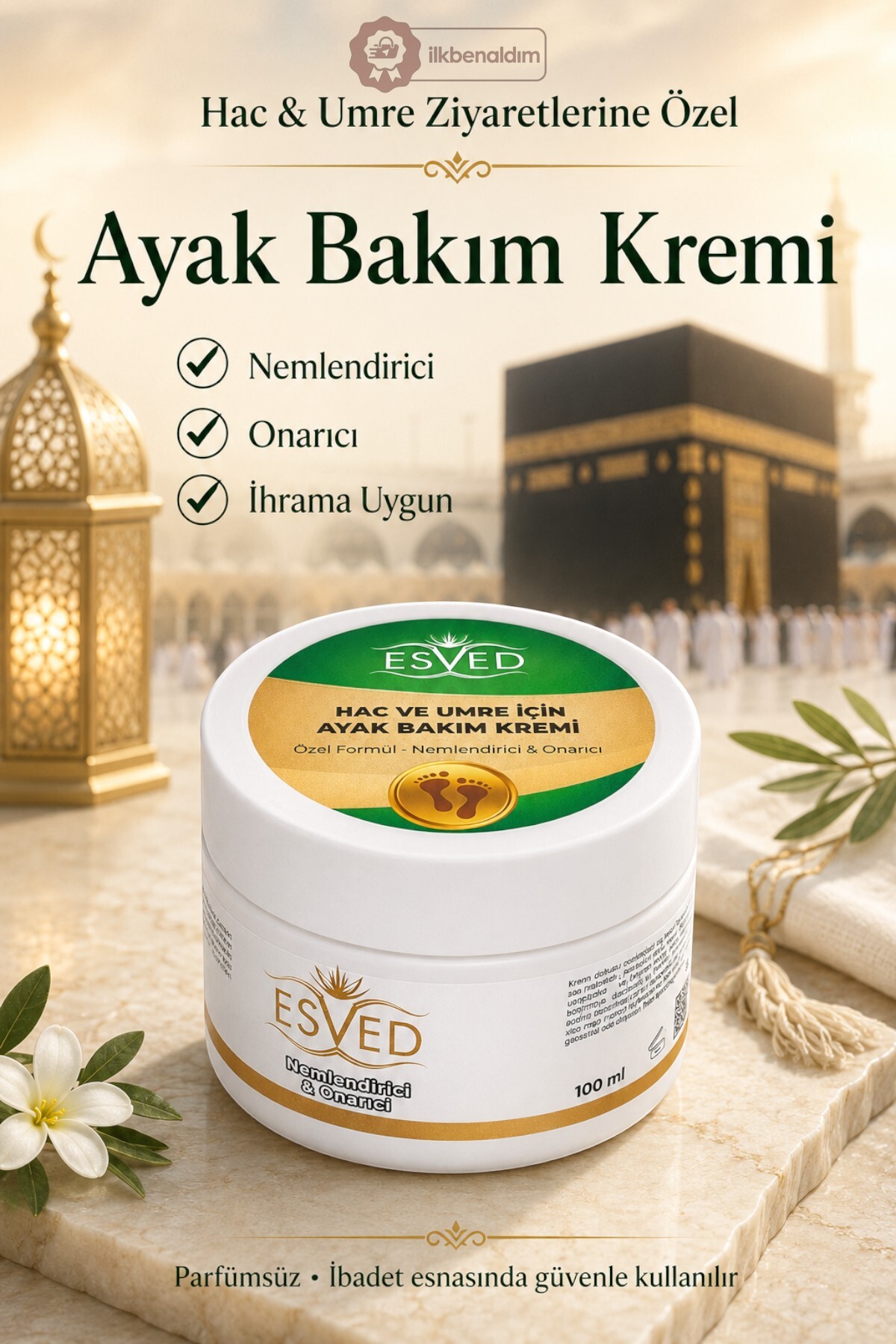 İlkbenaldim Hac ve Umre Ziyaretleri için Ayak Bakım Kremi Parfüm içermez — İlkbenaldim-Ayak-BakımKremi-100ml