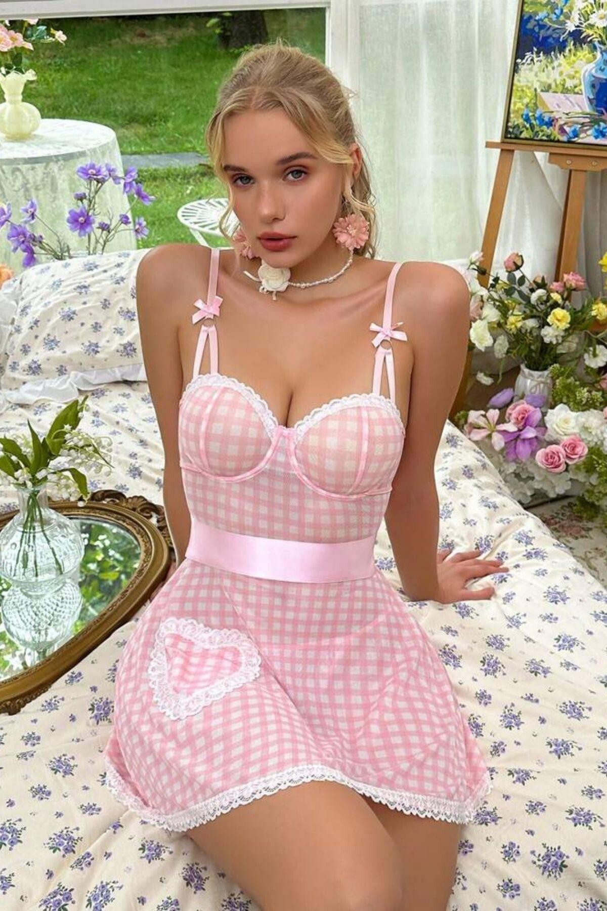 Best Dream Toz Pembe Pötikareli Kuşak Detaylı Gecelik
