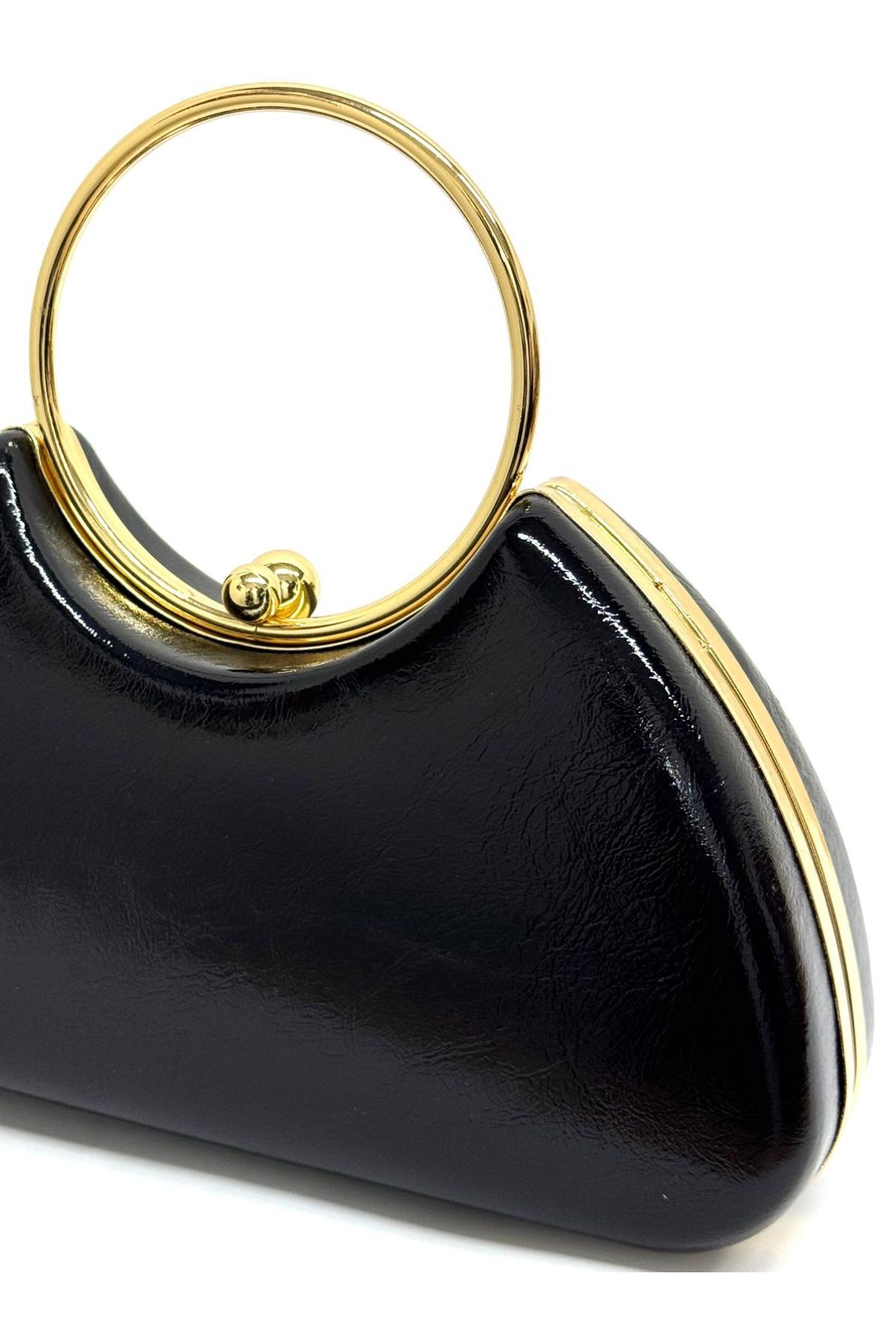 BEEGİ CONCEPT Kadın Kırışık Cilt Siyah Abiye Clutch Zincir Askılı El ve Omuz Düğün Nişan Gece Çantası görsel 3