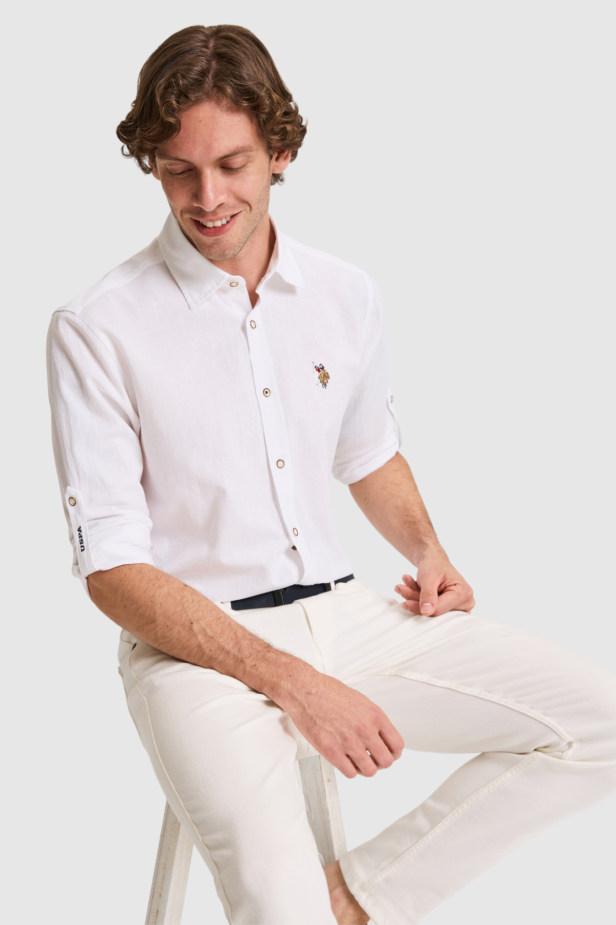 U.S. Polo Assn. Men's Linen Blend White Long Sleeve Basic Shirt 50320262-Vr013
