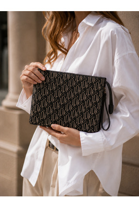 DerinAtelier Premium Koleksiyon Kahverengi Monogram Kadın Clutch El Çantası