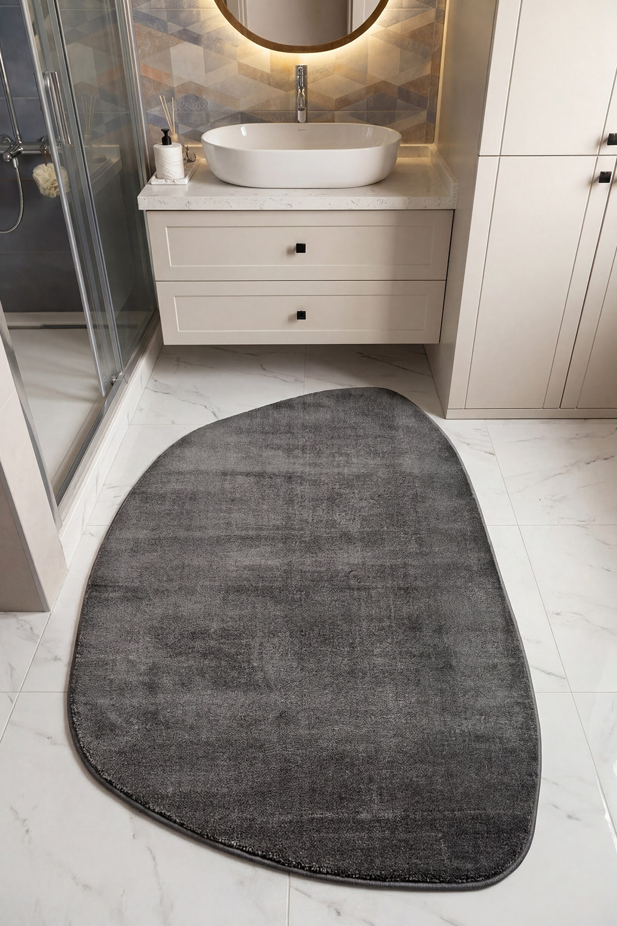 Puffy Anthracite Bath Rug Thick Plush Soft Feather Shower Front Amorphous Oval Bath Mat (80x120)