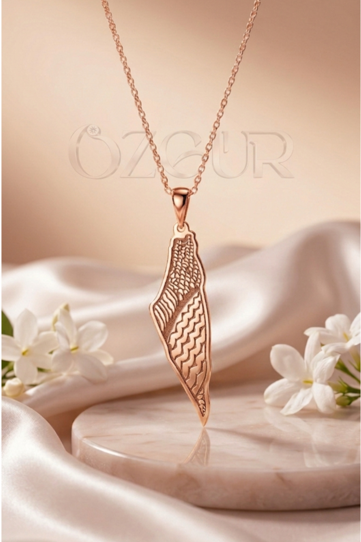 925 Ayar Gümüş Filistin Harita Kolye - Rose / 40 cm