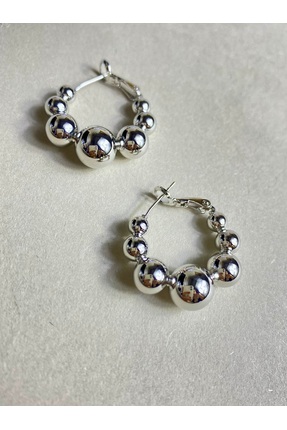 Awa Jewelry Collection AWA Gümüş Renk Küre Detaylı Halka Küpe 316L Çelik Kara...