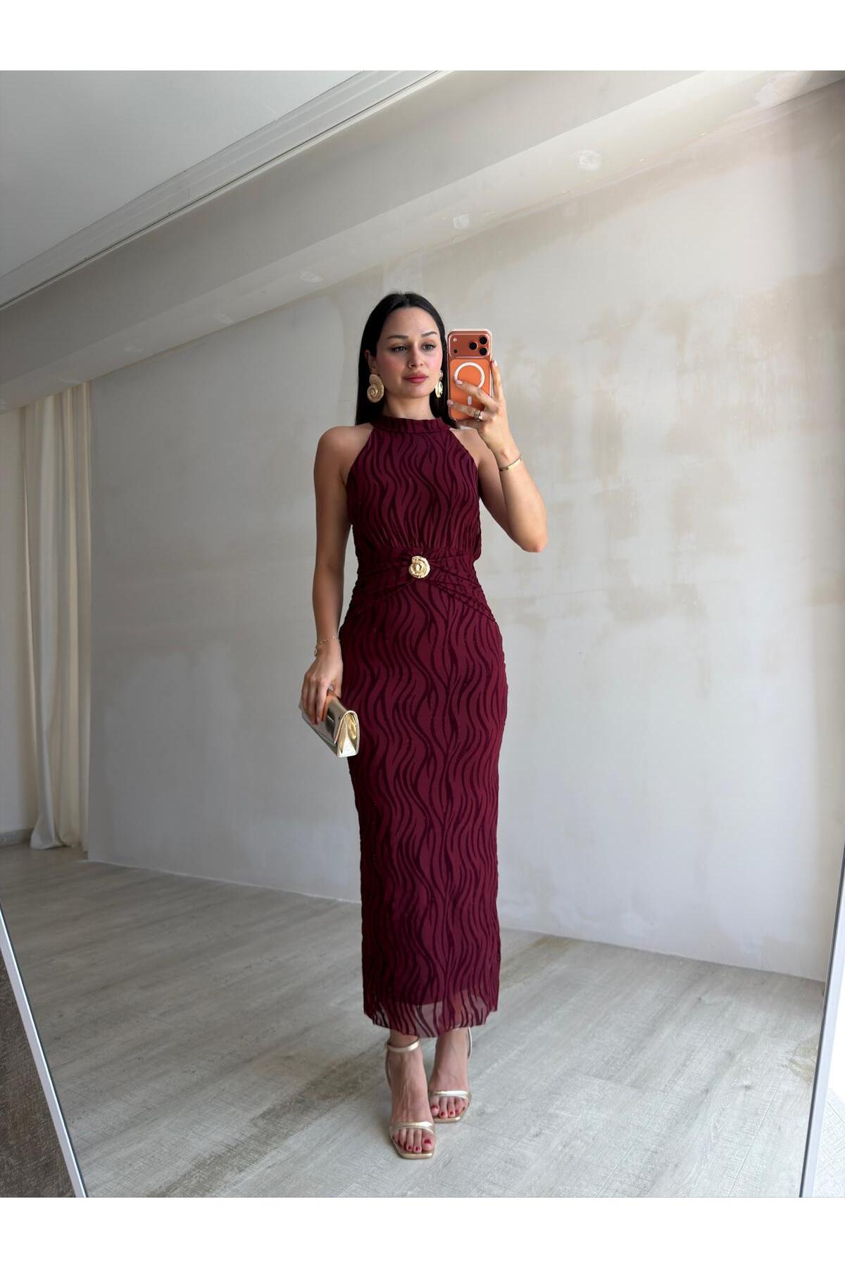 Mooi Butik  WİSTERİA Simli Midi Elbise 8959 - Bordo - Görsel 3
