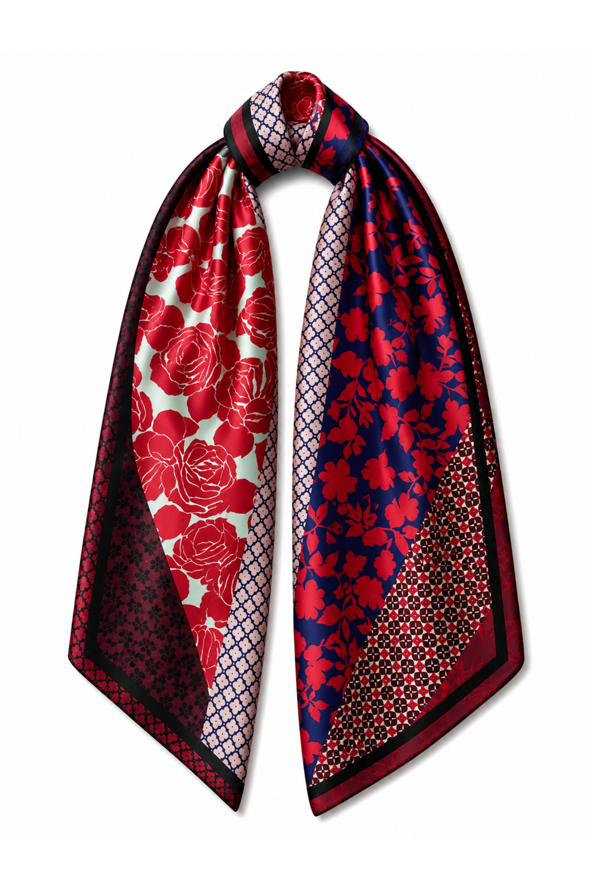 Red Flower Patterned Satin Scarf 50x50 cm Silky Square Bandana Hair and Neck Scarf