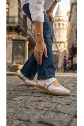rumgay Beyaz Gri çizgili kadın cırtlı sambabet tarz sneaker ayakkabı