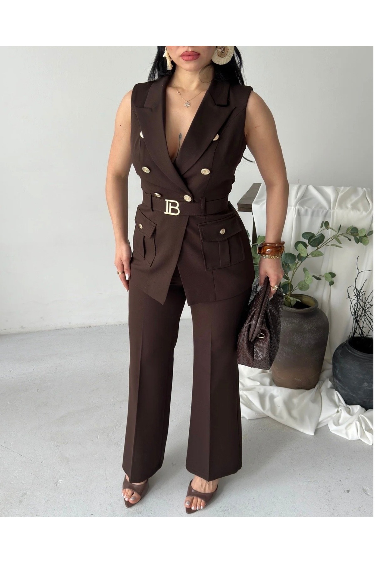 Gold Buttoned Vest Pants Blazer Set with Belt Accessory