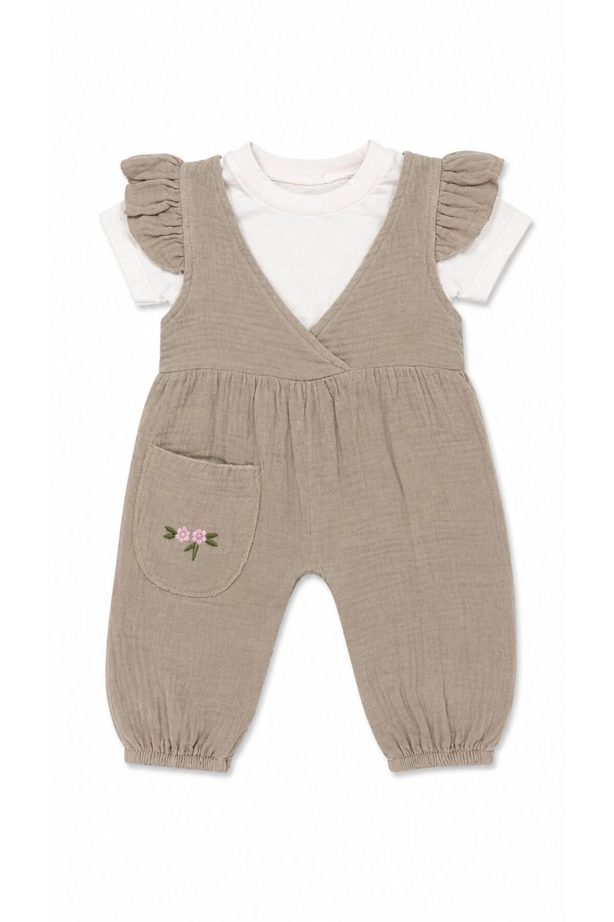 Oz Baby Baby Girl Muslin Salopet Set with Ruffle Detail, Summer Cotton 2-Piece Jumpsuit Set, 3-12 Months