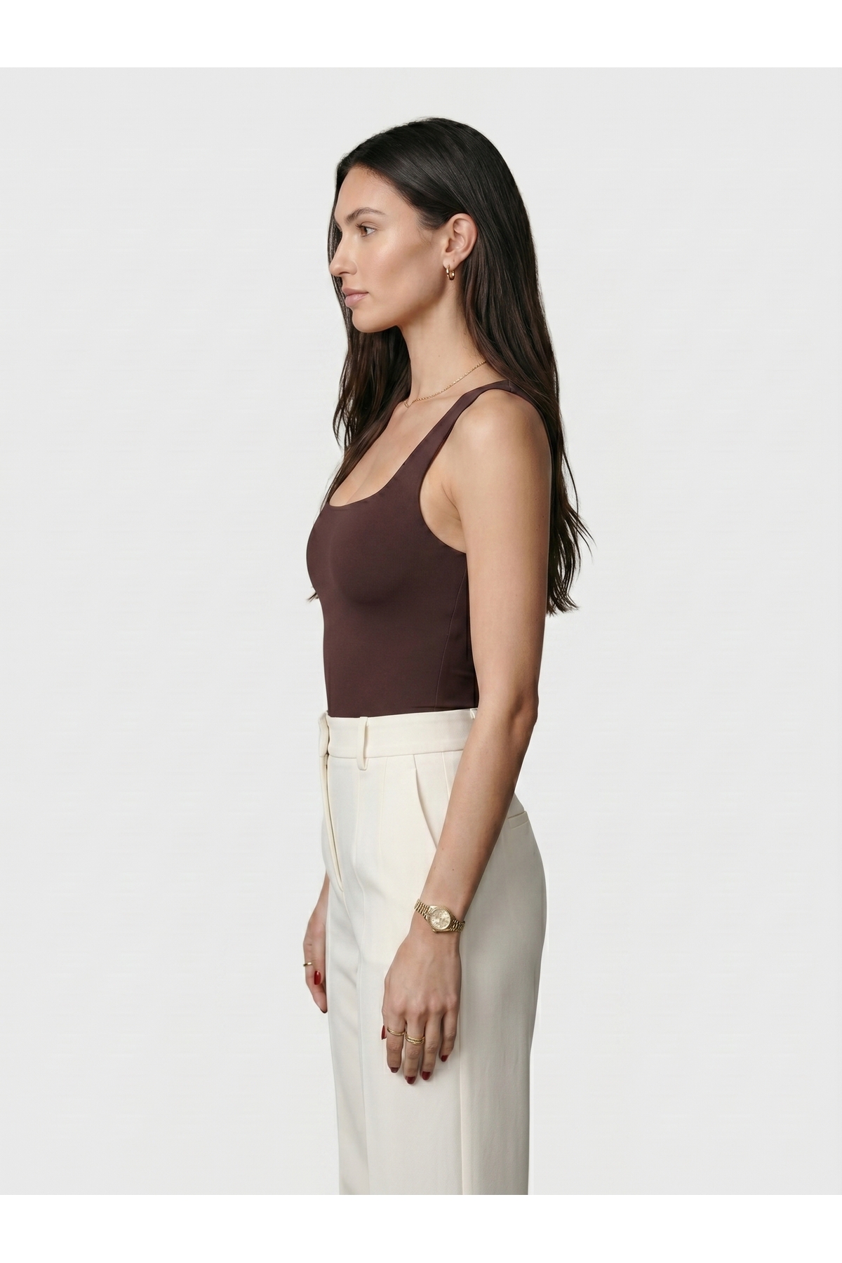 Kadın Kare Yaka Kalın Askılı Çıtçıtlı Body Slim Fit Dar Kalıp Likralı Bodysuit - Kahverengi 3