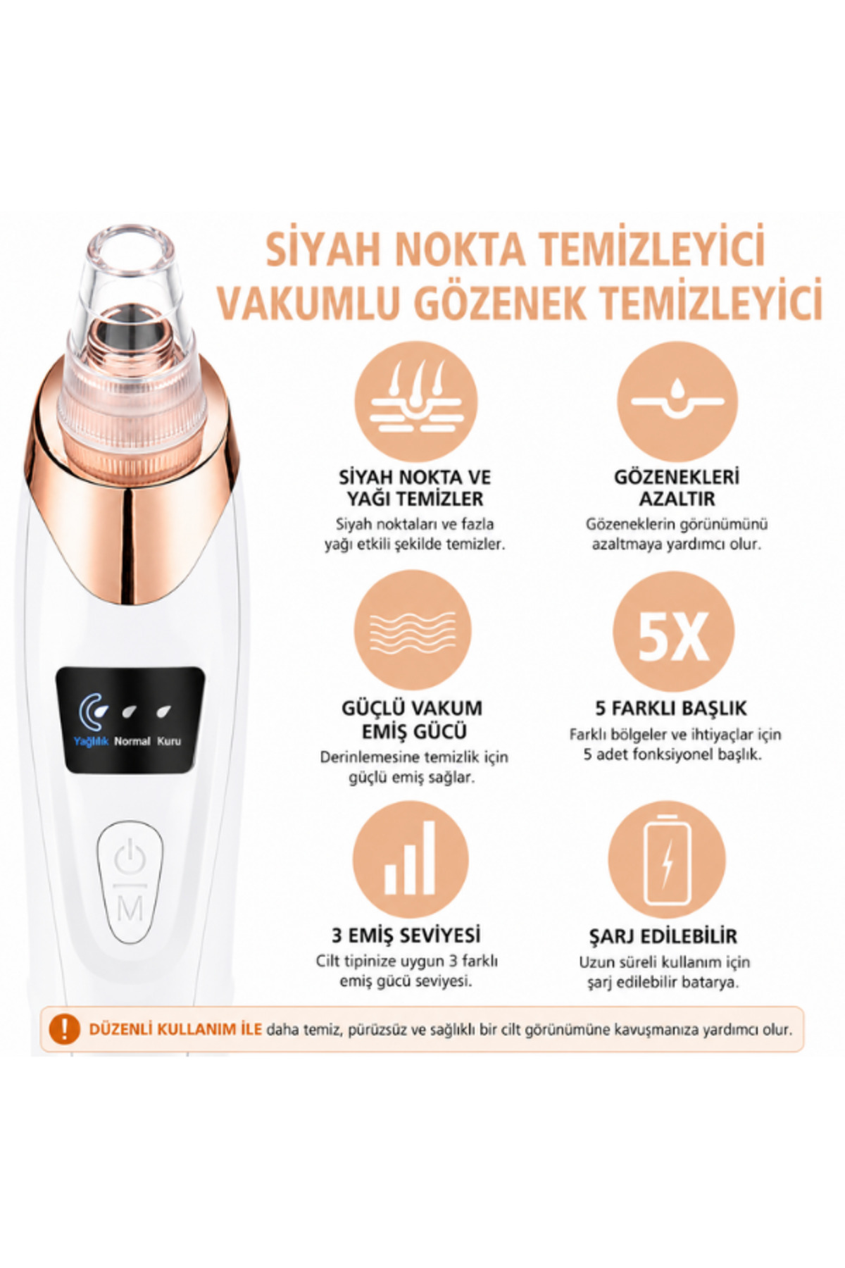 Vakumlu Siyah Nokta Temizleyici Cihazı | Şarjlı Gözenek Temizleme Cihazı | 3 Emiş Seviyesi | 5 Başlık — AHB-01 — تصویر 5 از 5