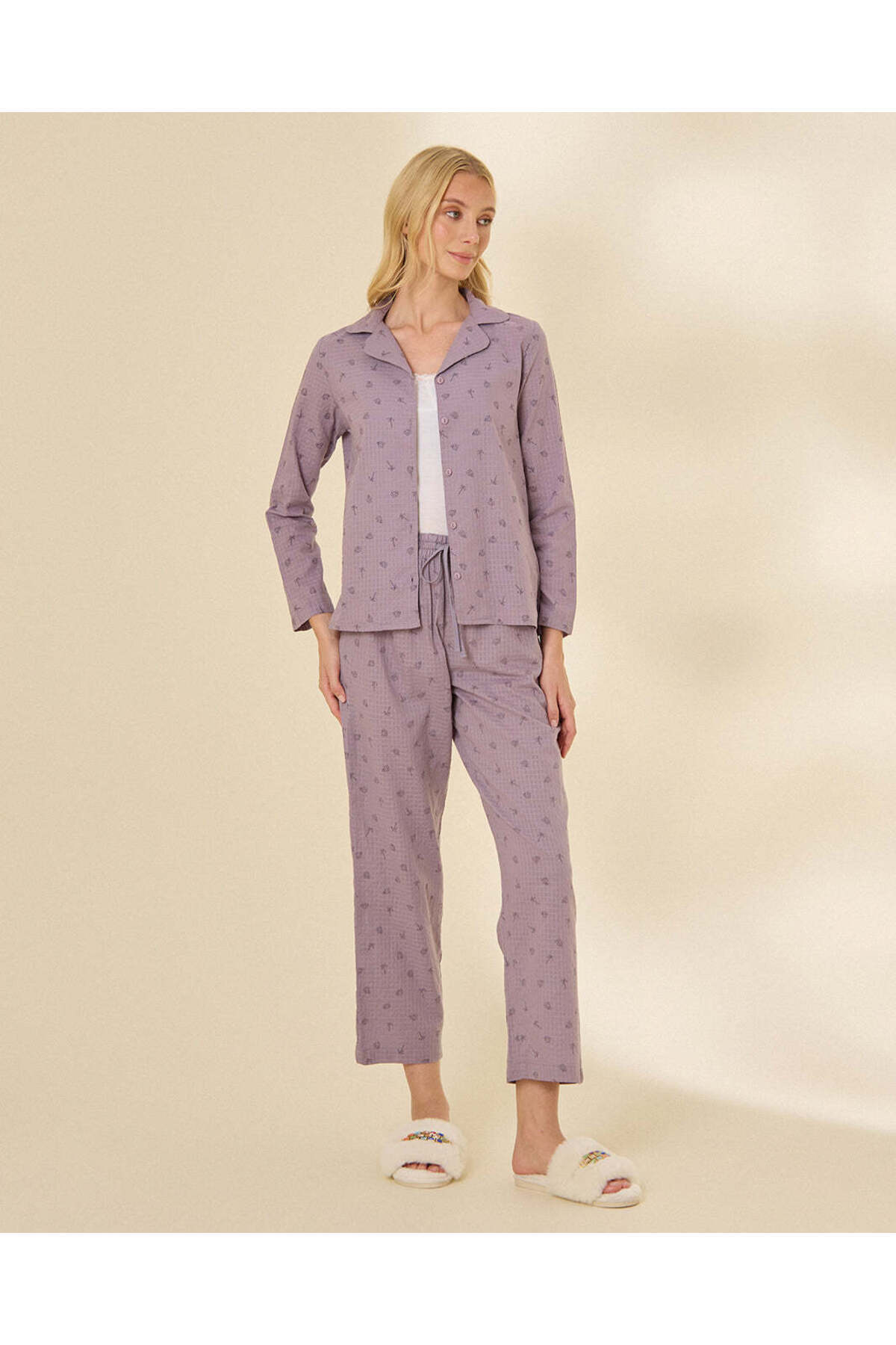 REDTAG Women Purple Text Print Pyjama Set