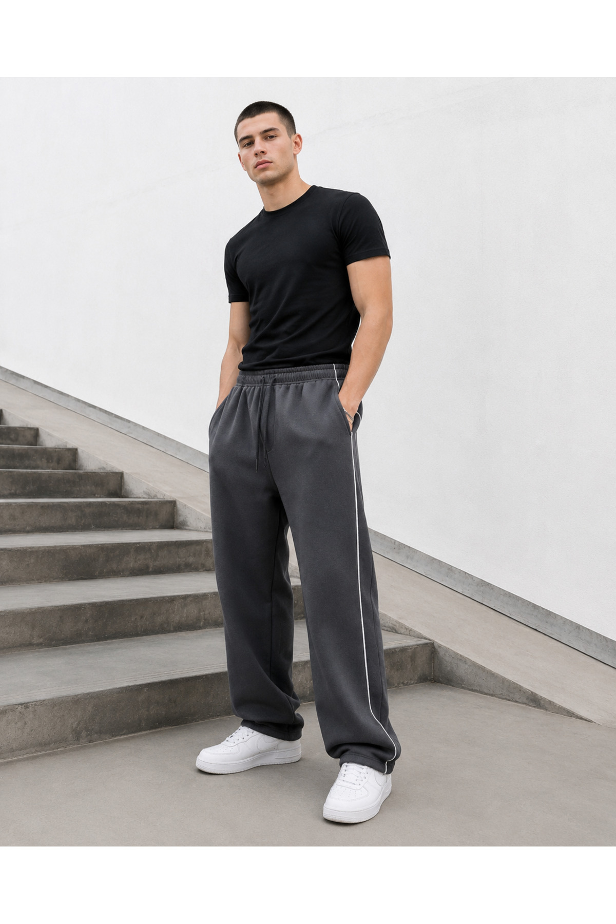 De Carte Harajuku Streetwear Yan Şeritli Erkek Bol Kesim Ayarlanabilir Geniş Paça Eşofman Altı görsel 6