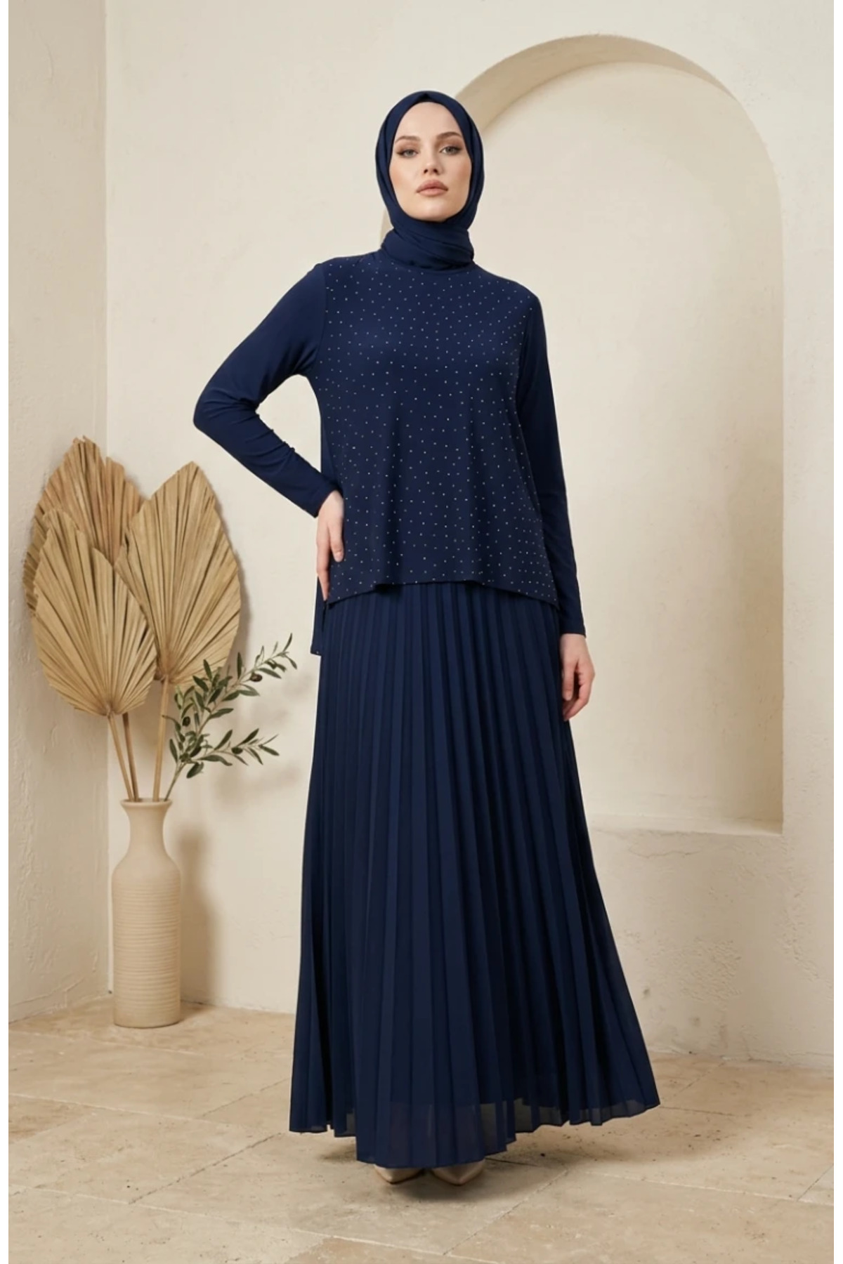 sefamerve Sandy Fabric Blouse Skirt Hijab Double Set 5583-03 Navy Blue