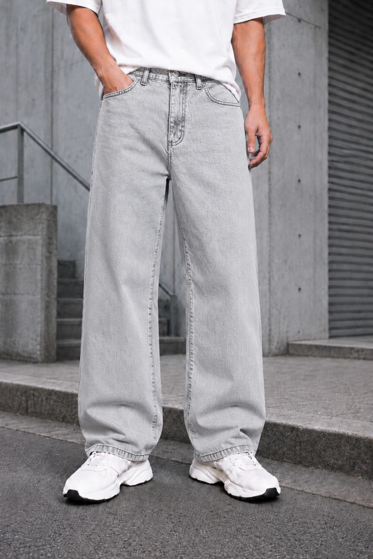 Ser Joven Men's Light Gray Baggy Fit Wide Cut Jean Trousers