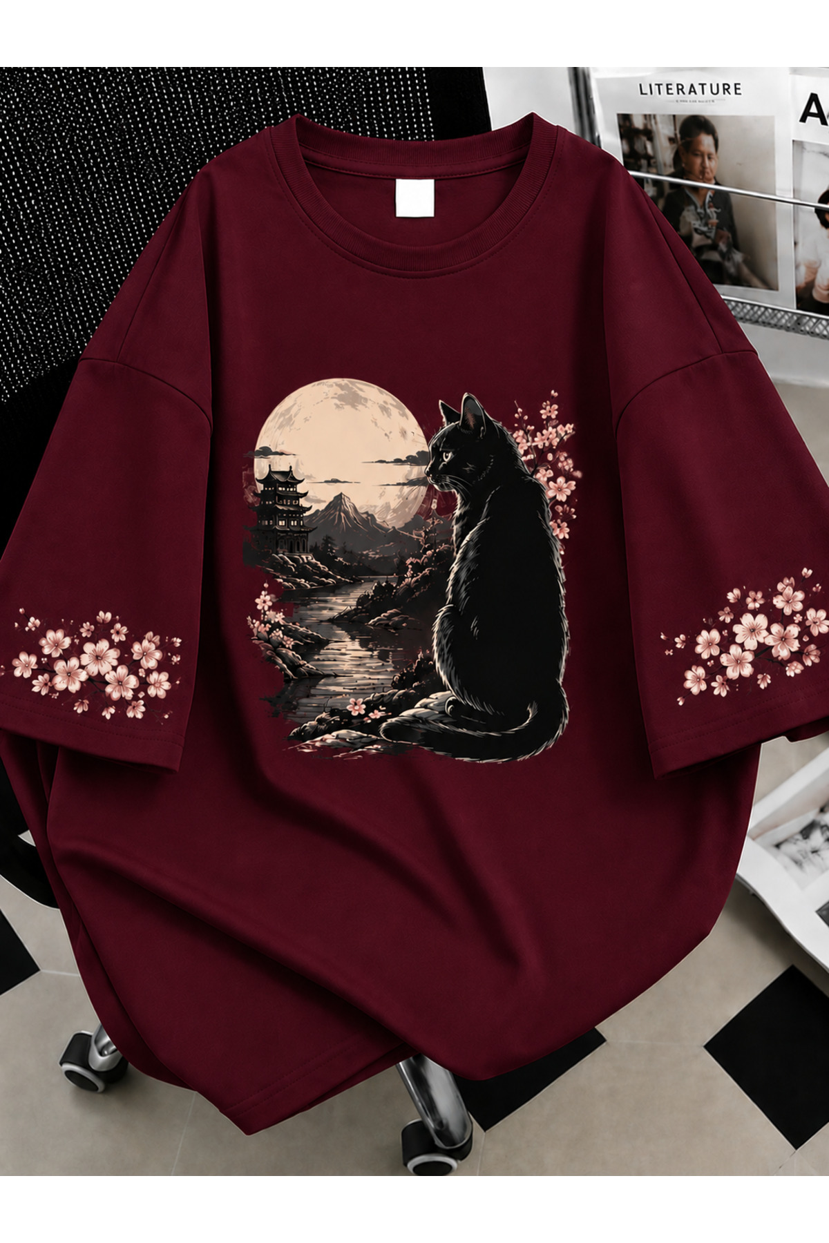 Revasser Kadın Black Cat Renkli Özel Baskılı Oversize Sıfır Yaka Penye T-Shirt