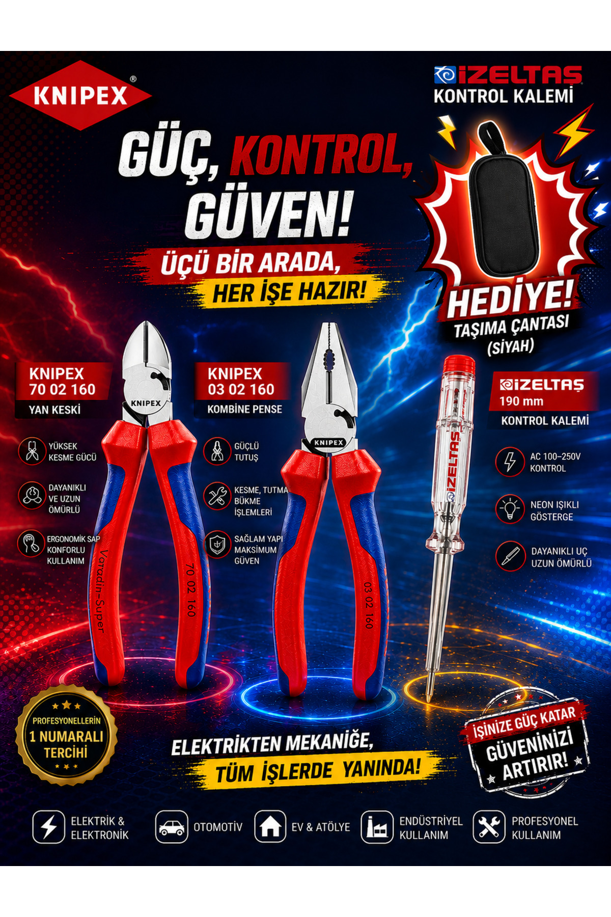 Knipex 70 02 160 + 03 02 160 + Izeltaş 190 mm Kontrol Kalemi Seti
