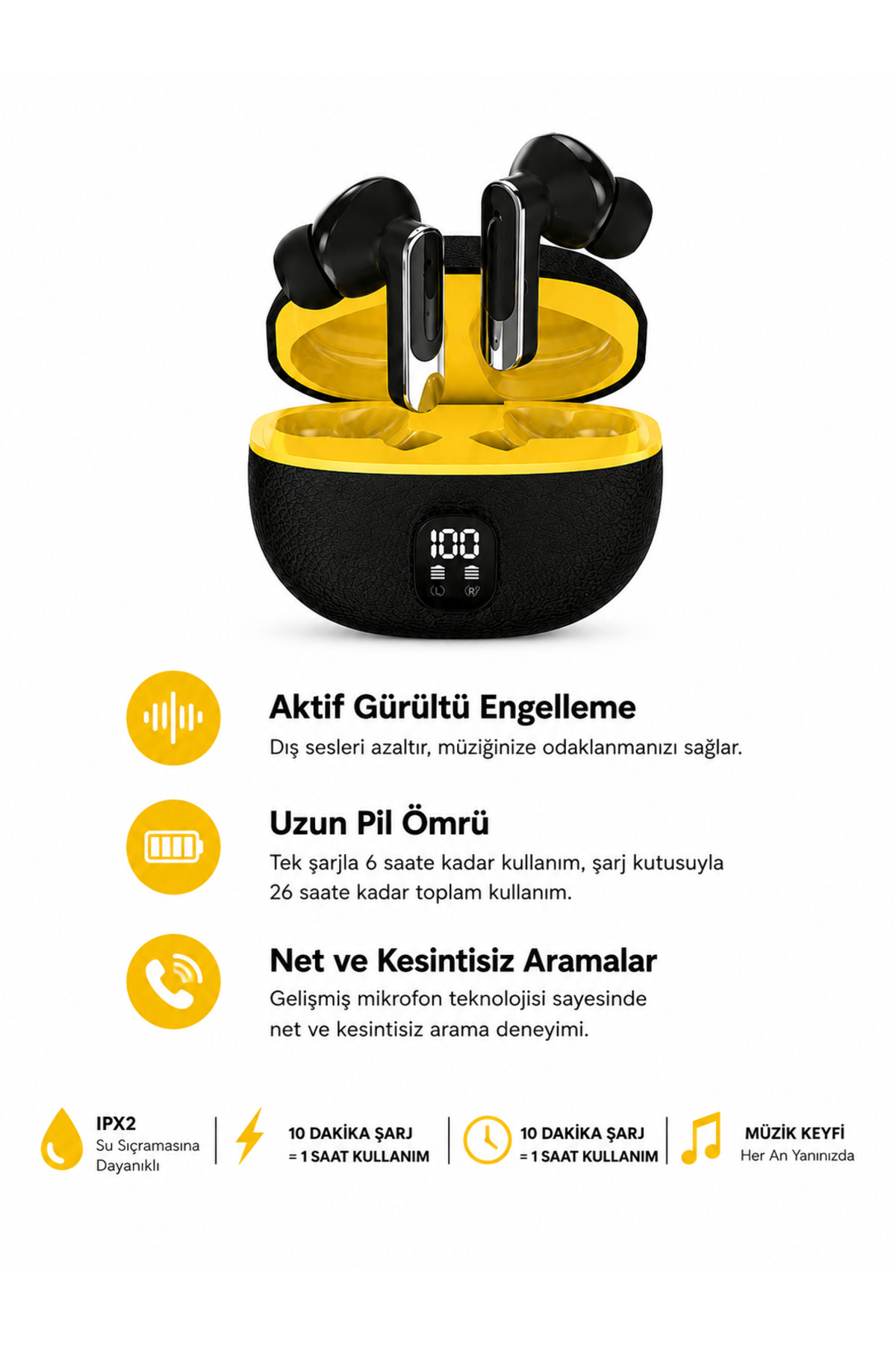 TUNE Gürültü Engelleyeci Bluetooth 5.3 Kablosuz Kulaklık Flex 2 TWS Sarı Siyah