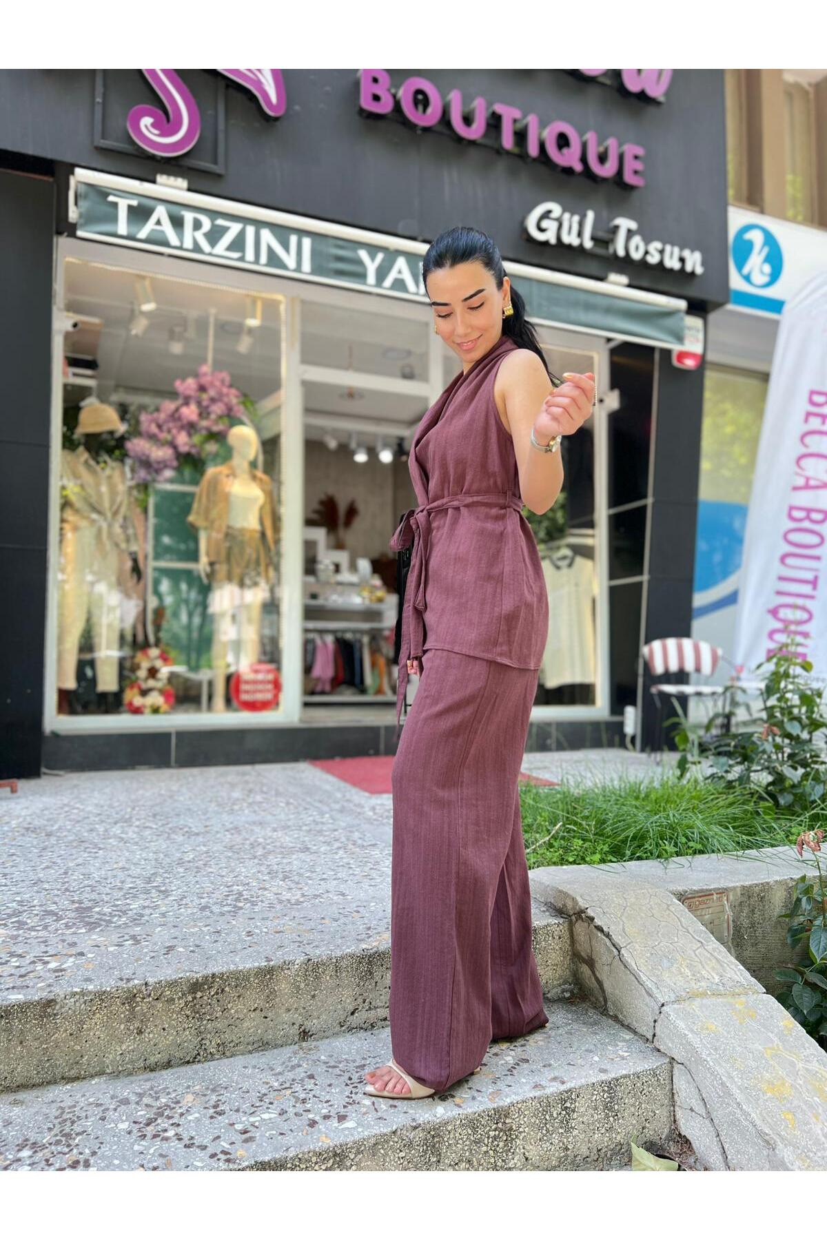 Sıfır Kollu Bağlamalı Alt Üst Pantolon Yelek Takım
