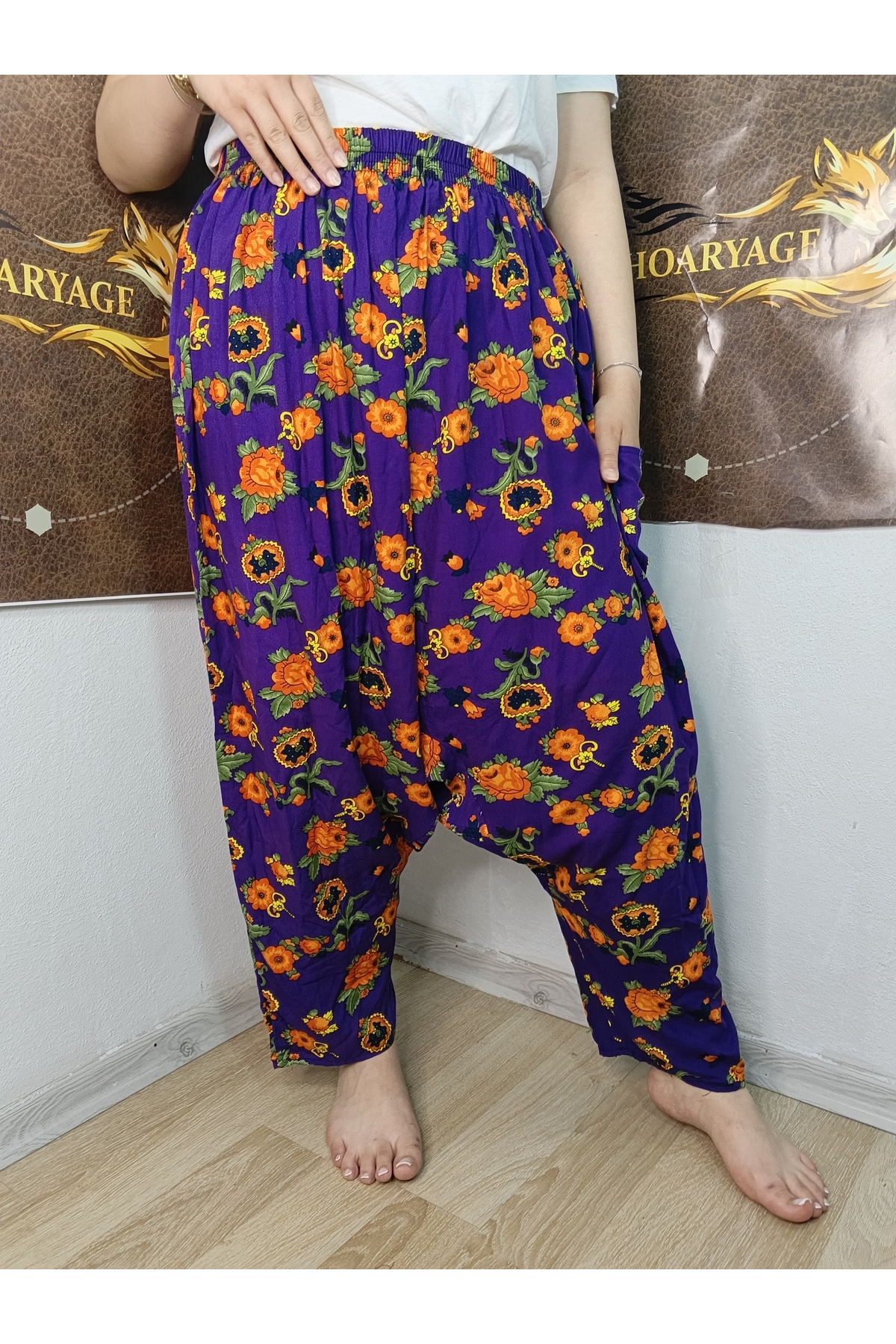 hoaryage Otantik Köy Şalvarı %100 Pamuk Viskon Çiçek Desenli Rahat Kesim Ağlı Kadın Şalvarı 38BEDEN 100 KG görsel 3