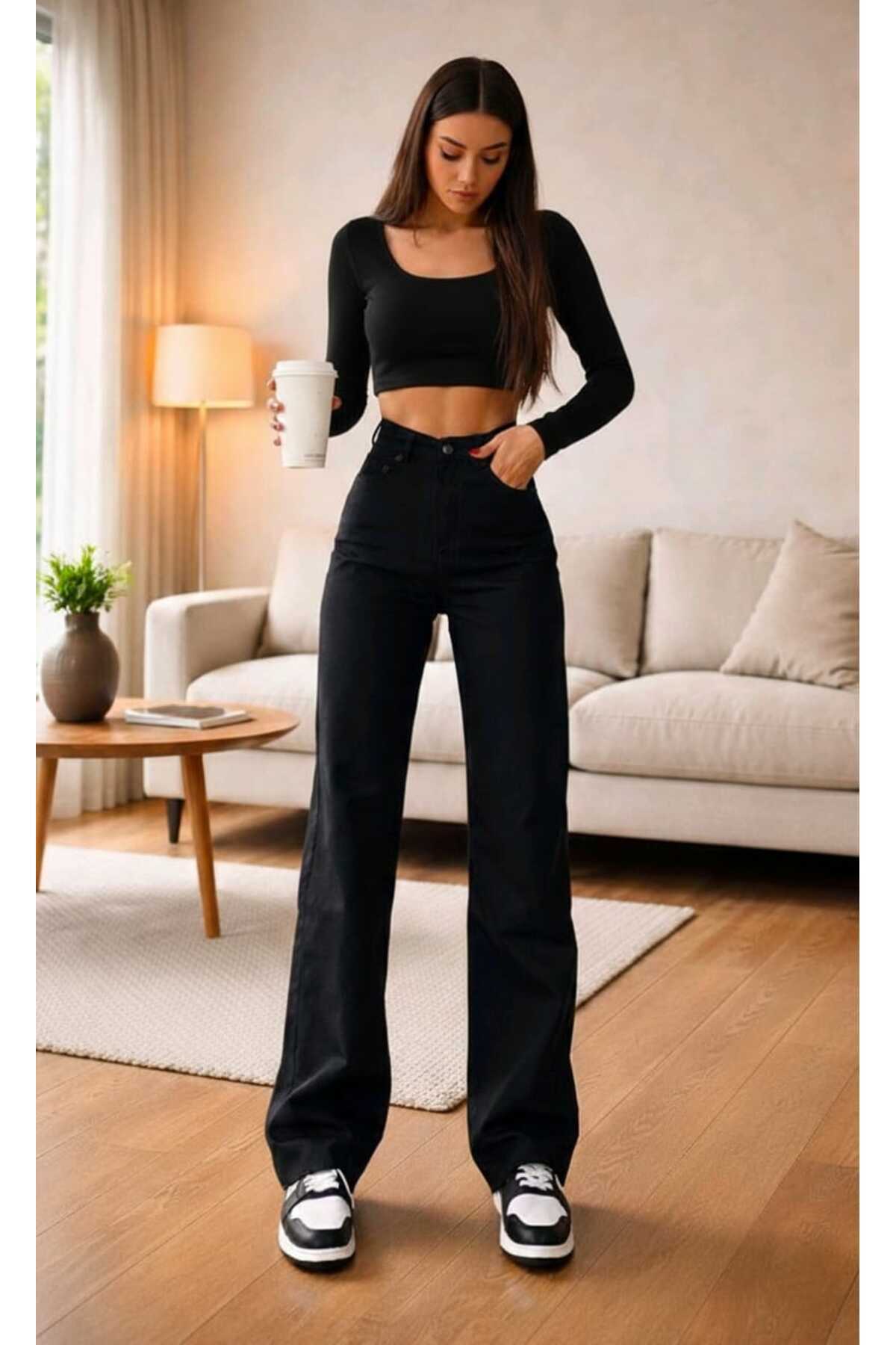 Lighter Jeans Oba Siyah Esnek Wide Leg Yüksek Bel Jean Bol Paça Rahat Kesim Denim Pantolon görsel 3