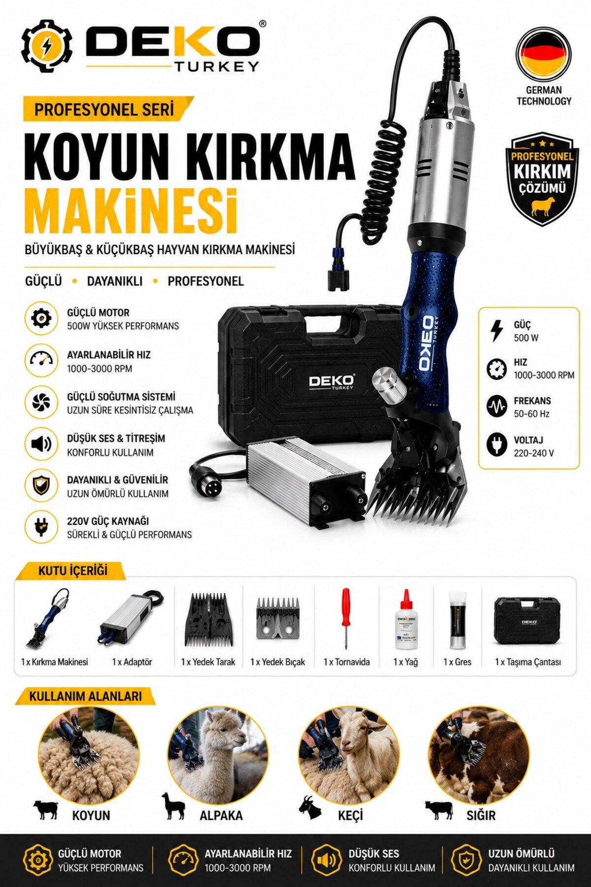 DEKO Turkey Profesyonel Koyun Kırkma Makinesi 550 W Adaptörlü Büyükbaş Küçükbaş Hayvan Kırpma Seti Çantalı
