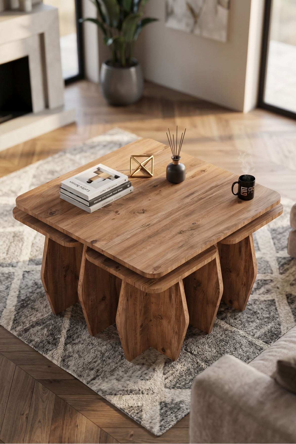 Orta Sehpa Ve Zigon Sehpa 5'li Set Modern Çok Amaçlı Salon Oturma Odası Yan Sehpa 9248 Atlantik Çam görsel 4