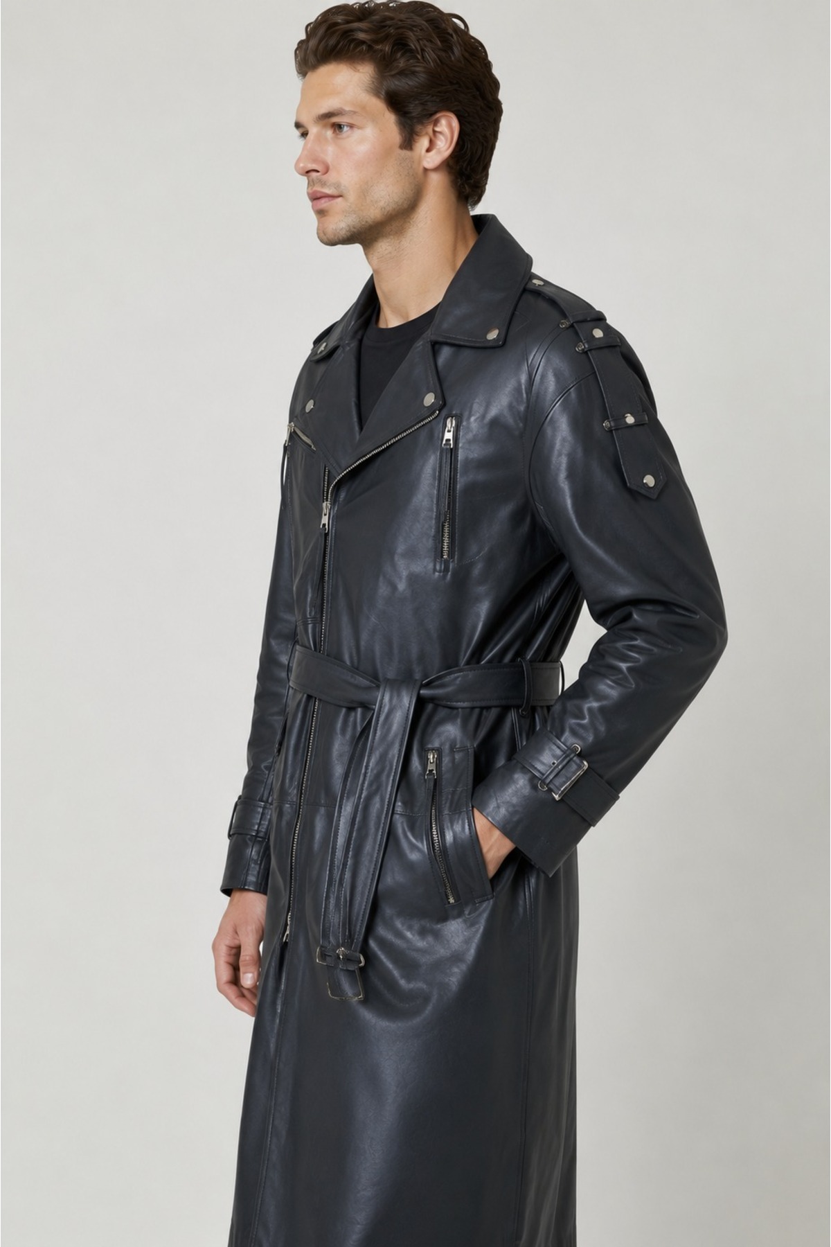 MİRENA LEATHER Erkek Lacivert Hakiki Deri Trençkot görsel 3