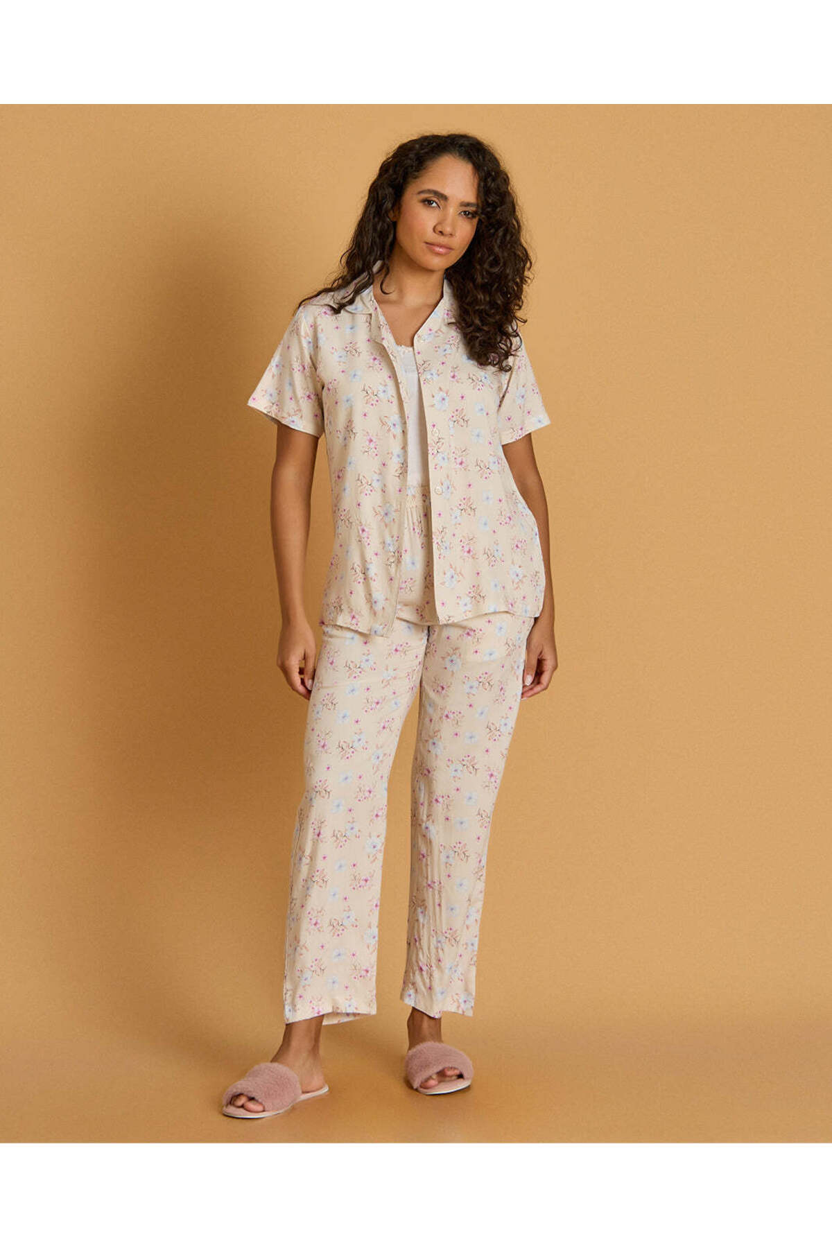 REDTAG Women Beige Printed Classic Pyjama Set
