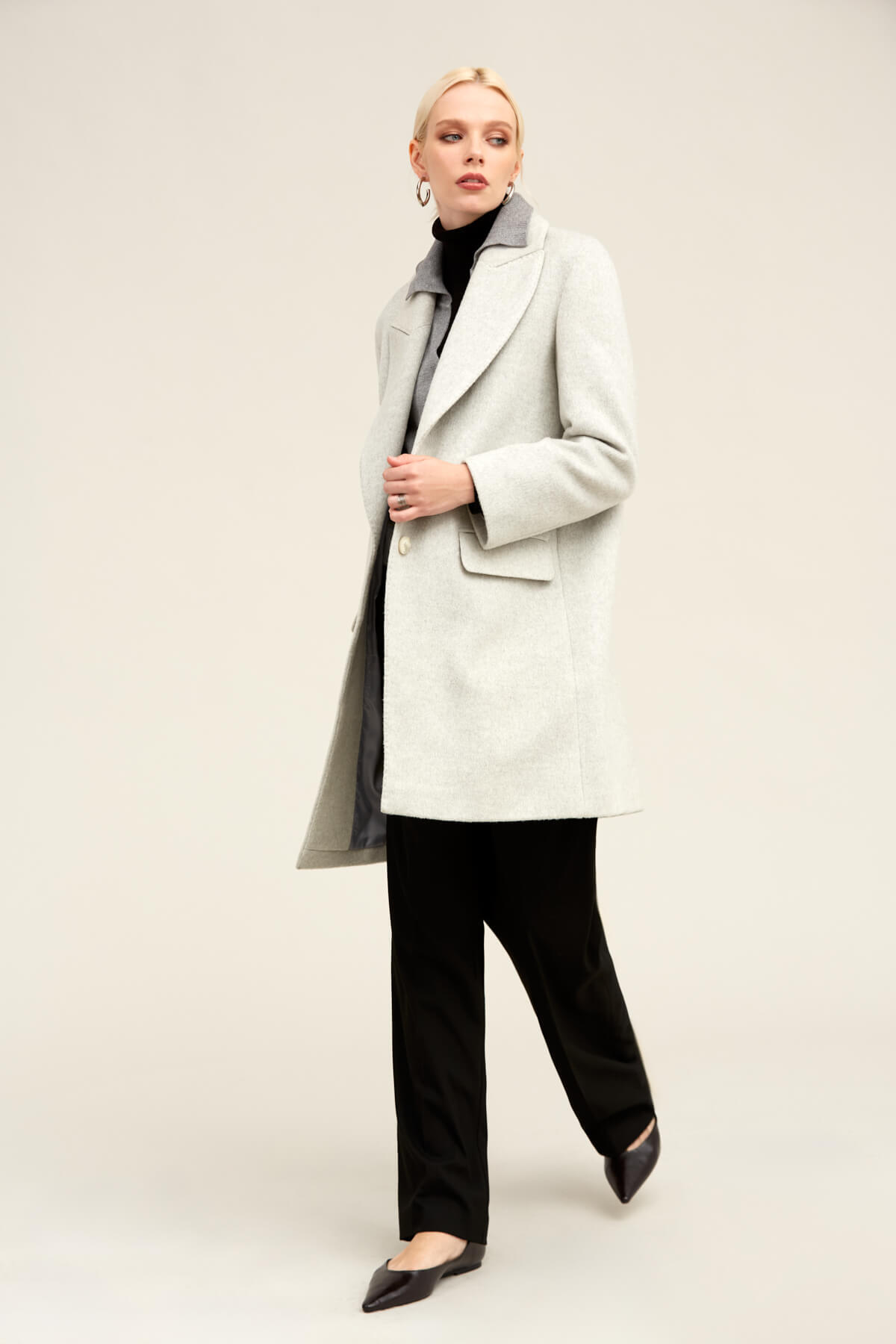 Hatemoğlu Gri Regular Fit Ceket Yaka Kaşe Oversize Manto görsel 4