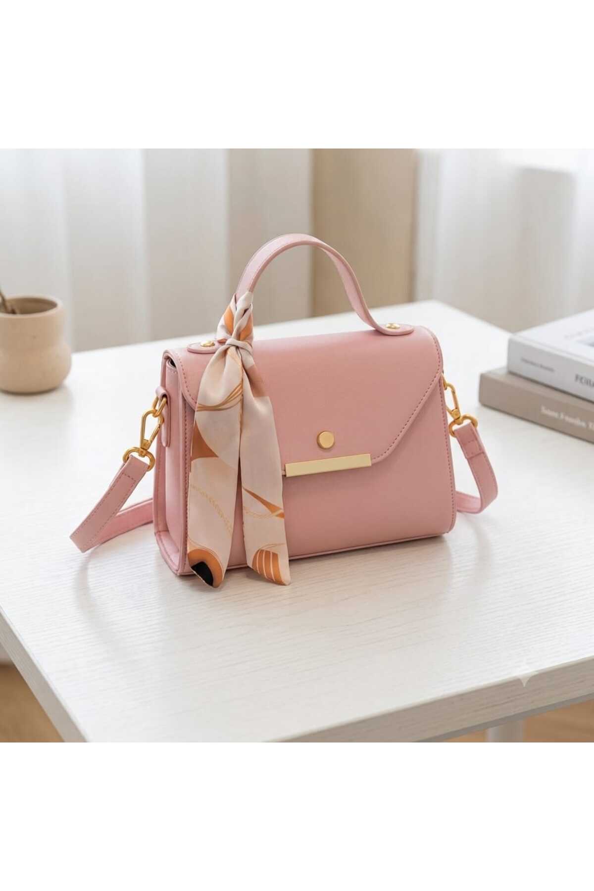 METEBAGS Pudra Pembe Suni Deri Fular Detaylı Omuz& El Çantası