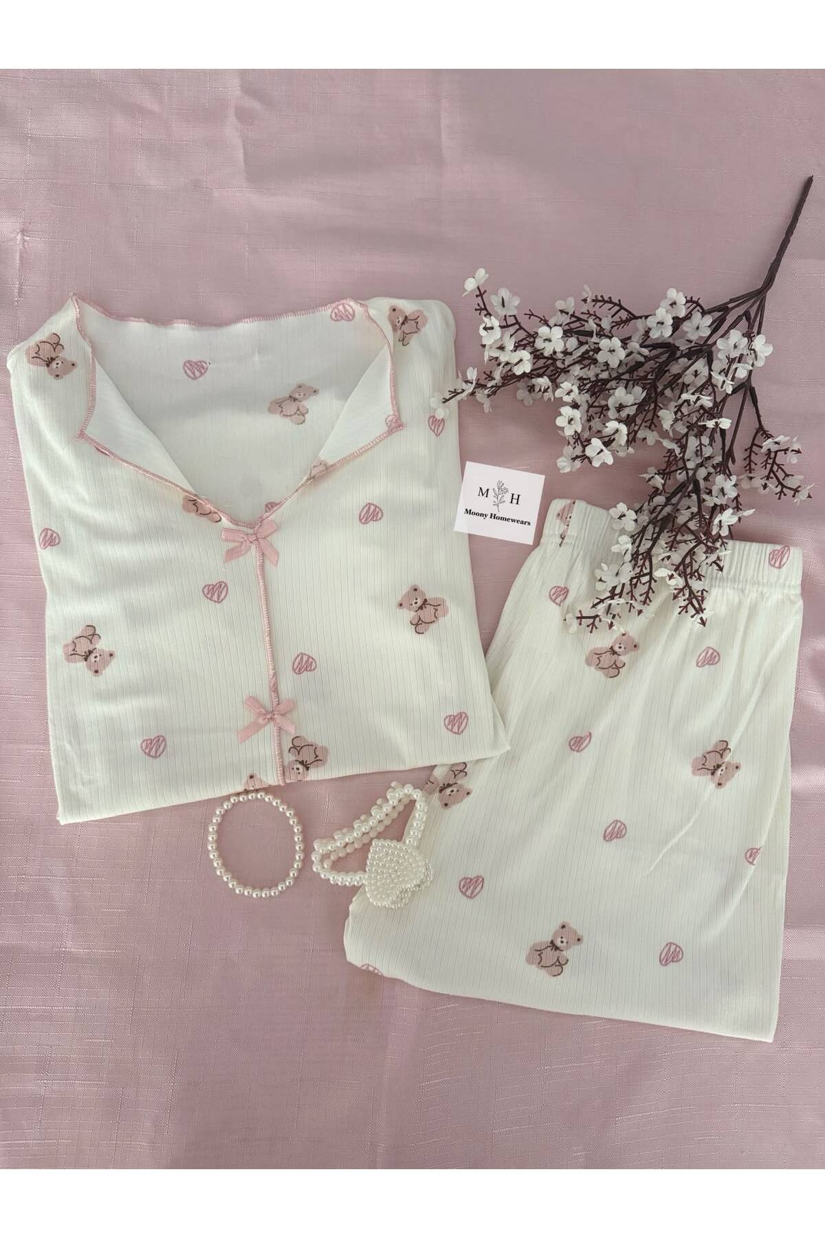 Short Sleeve Pink Teddy Bear Custom Texture Pajamas Set
