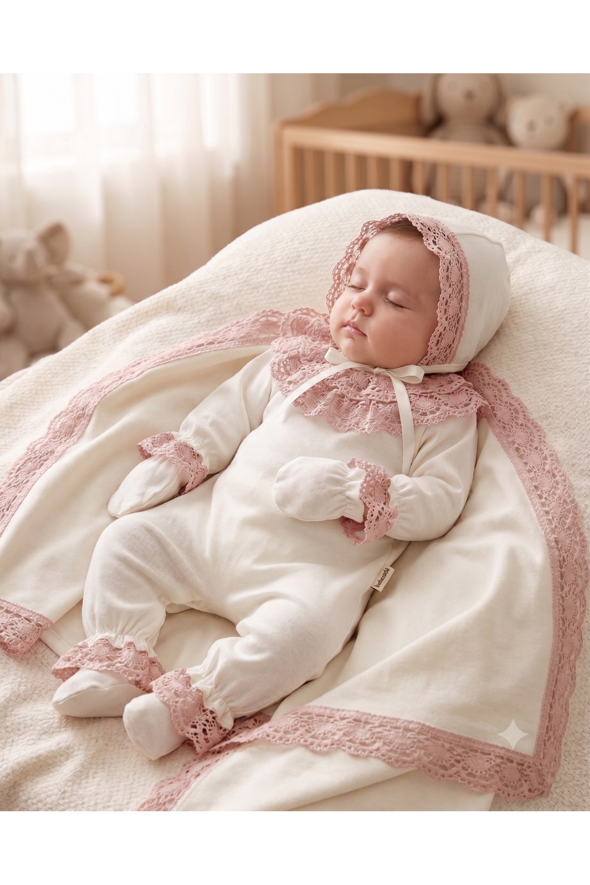 Bebezade Kopanaki 4 Piece Baby Girl Set with Lace and Combed Cotton Blanket