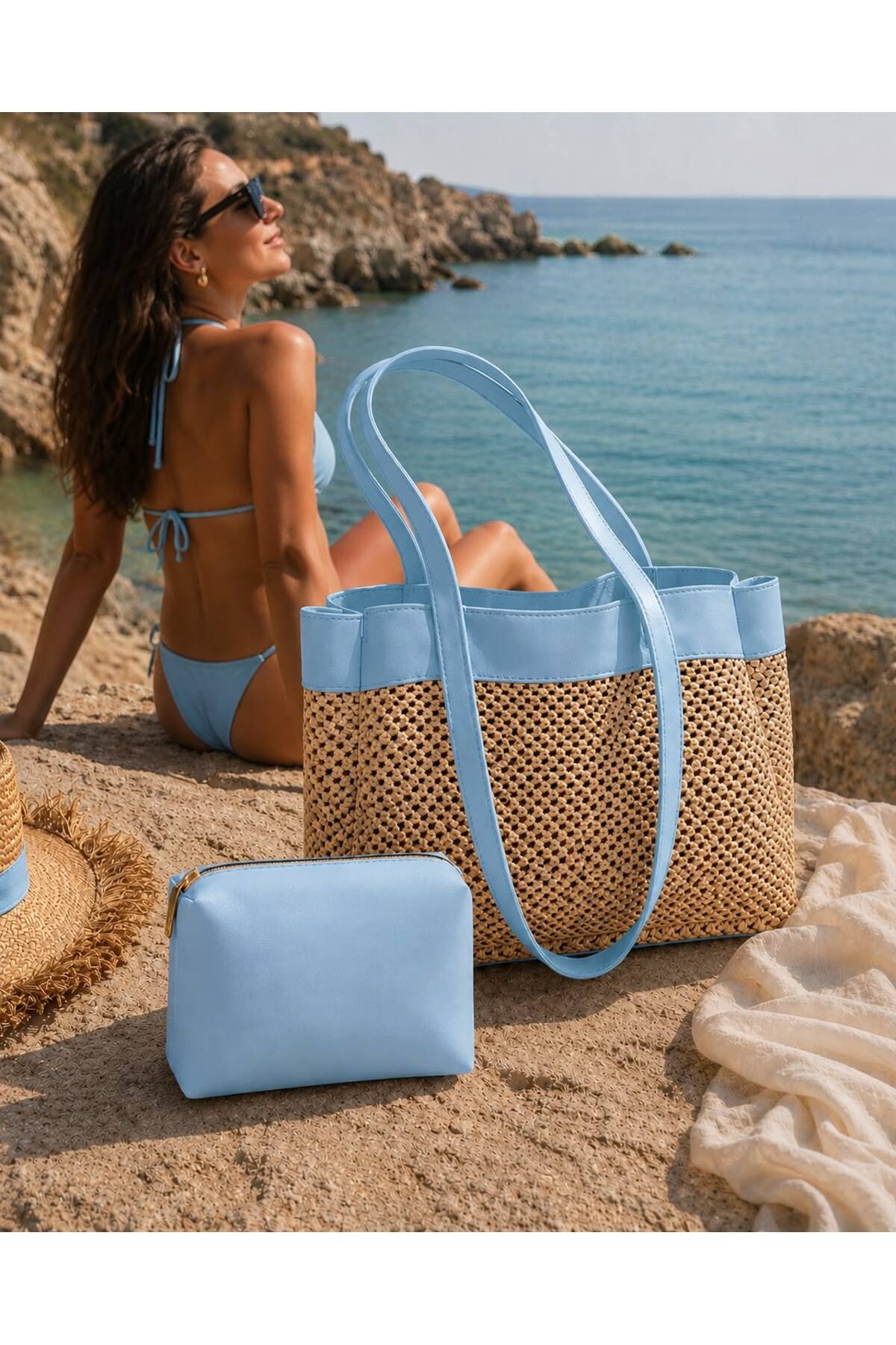 ValeriaBag Summer Time Plaj Çantası + Değerli Eşya Çantası Mavi görsel 2