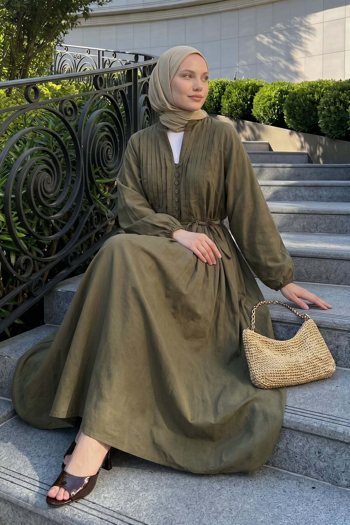Salih Çelebi Voile Button Detailed Pleated Dress 5007 - Dark Khaki