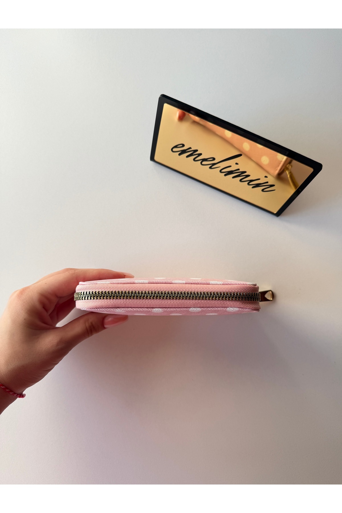 emelimin Kadın Fermuarlı Bozuk Para Bölmeli Pembe-Beyaz Puantiyeli Mini Cüzdan görsel 3
