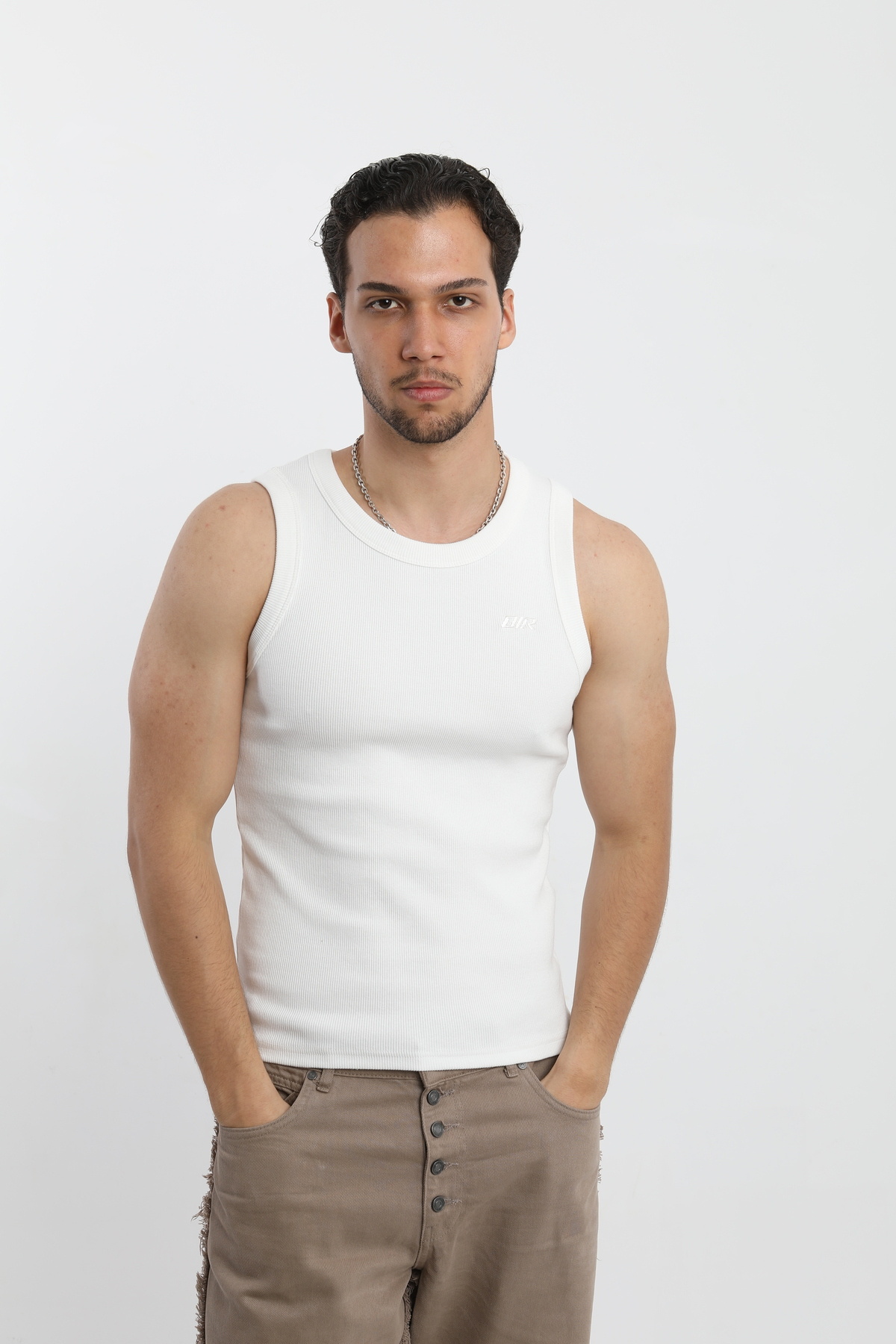 OİR Erkek Fitilli Ekru Renk Tank Top No.1 Likralı Pamuk Kaşkorse Atlet görsel 2