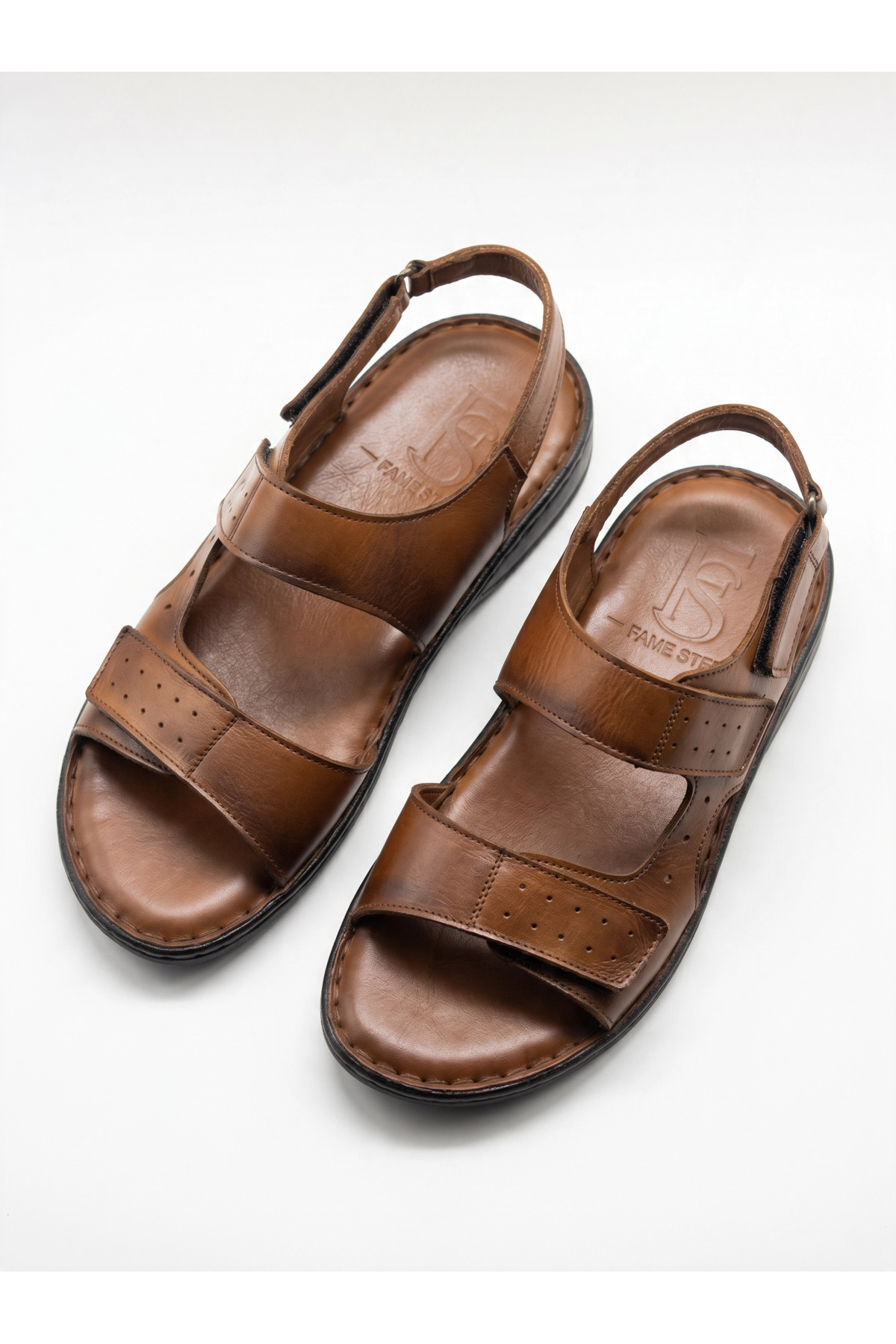 Fame Step Hakiki Deri Unisex Ortopedik Sandalet Taba Yumuşak Taban Cırtlı Comfort Yazlık Günlük Terlik