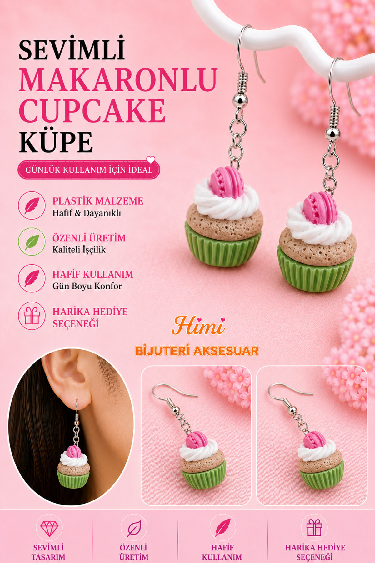 Cupcake Pasta Figürlü Neşeli Sevimli Hayvan Figürlü Sallantılı Küpeler Hafif Tasarım Günlük Kullanım Bijuteri Çocuk Küpesi