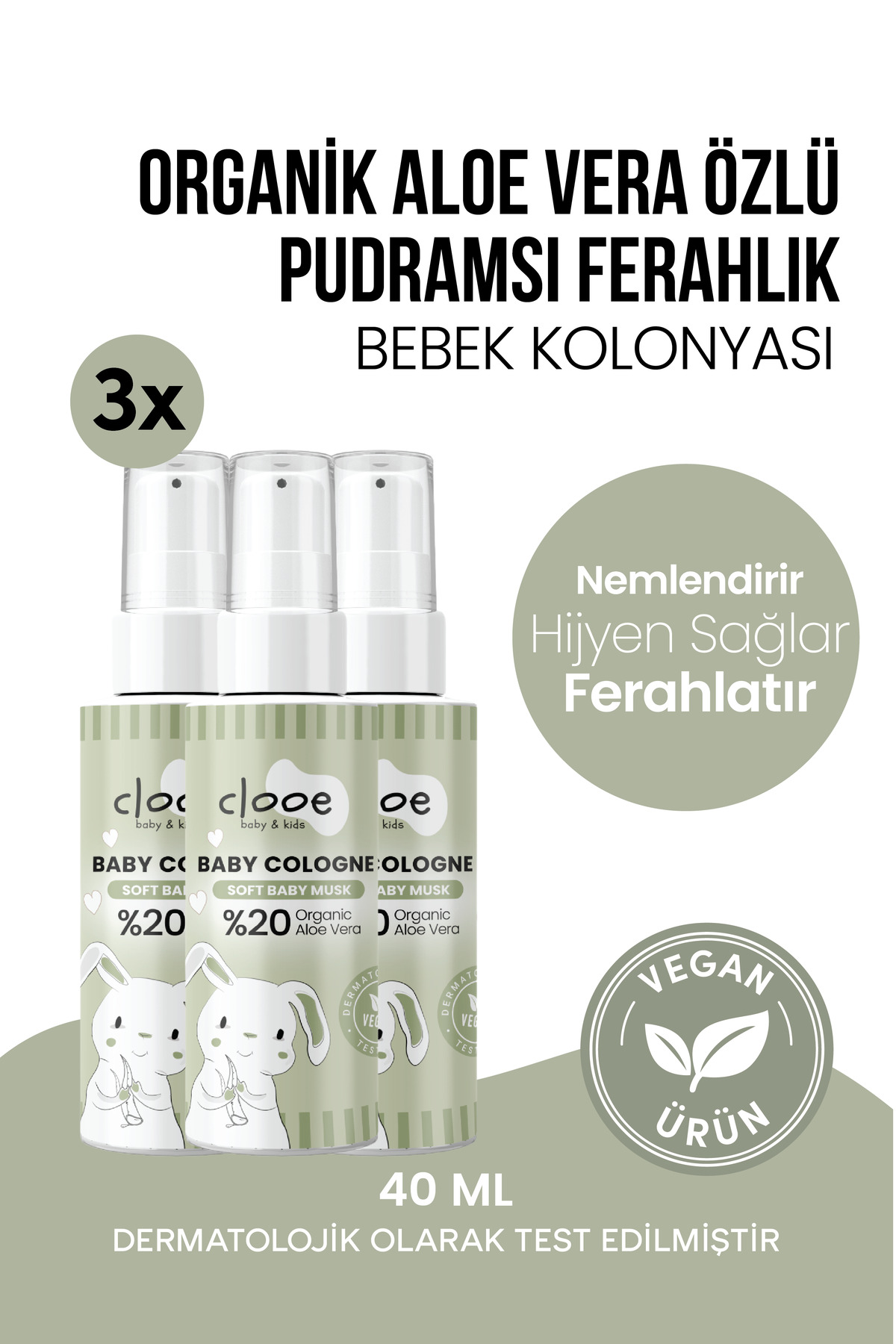 clooe 3'lü Bebek Kolonyası Soft Baby Musk 40 ml - Bebek Pudrası ve Beyaz Misk Notalı - Organik Aloe Vera Özlü - Vegan - Hızlı Kuruyan — PKA062