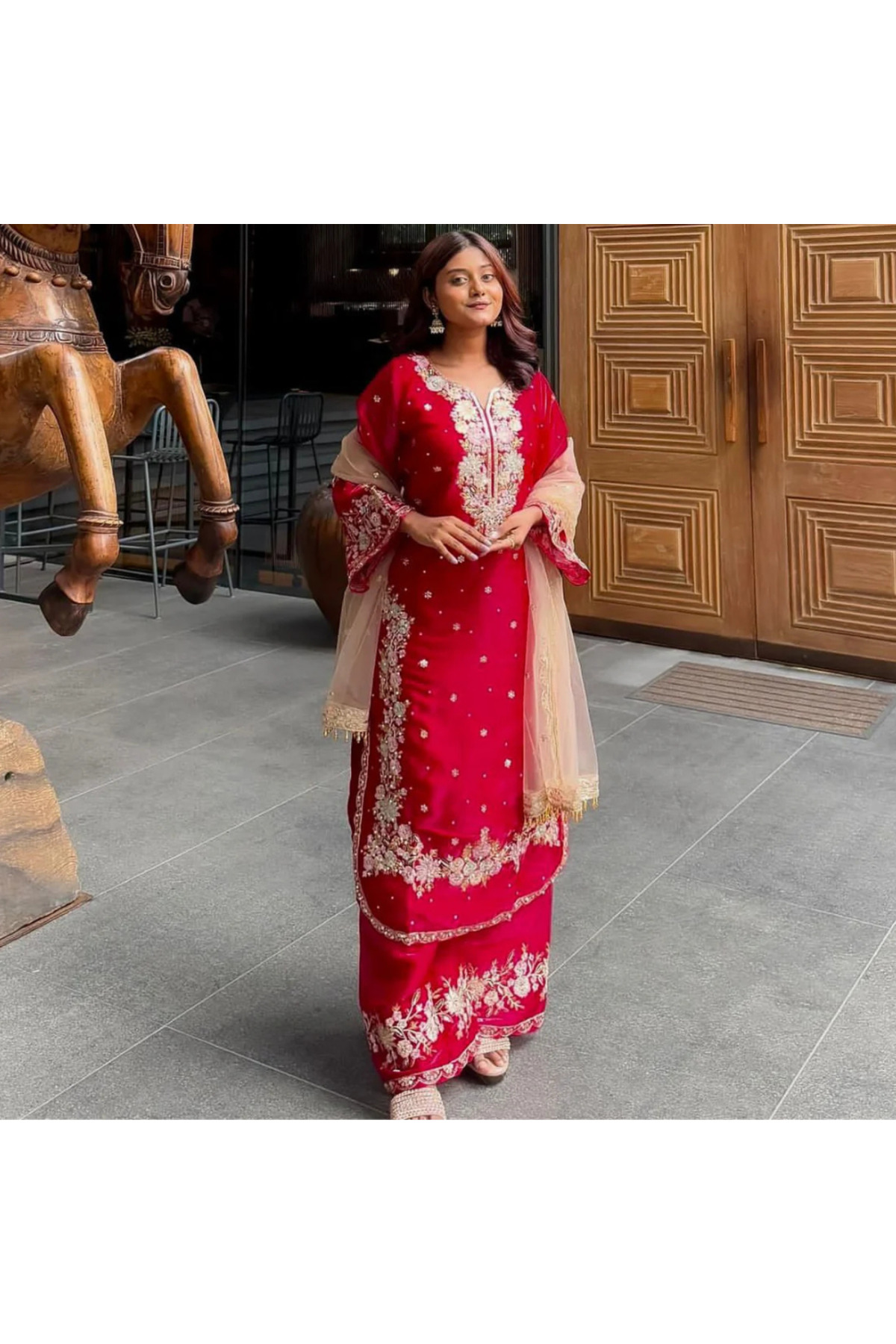 MYSMAR Red Top Palazzo & Dupatta Set - HRT5748 | Red-Size:(S-36-Inches)