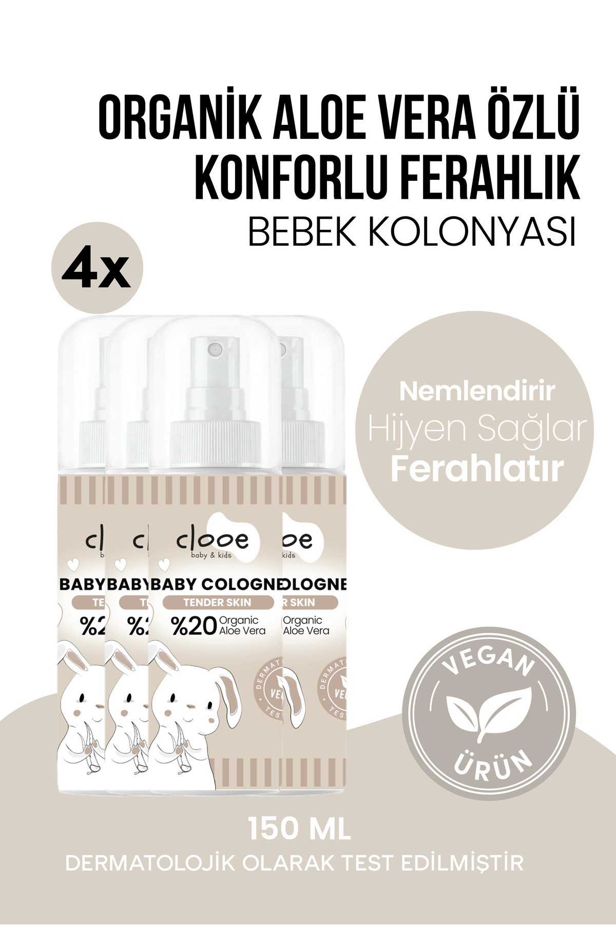 clooe 4'lü Bebek Kolonyası Tender Skin 150 ml - Pudramsı ve Yumuşak Notalı - Organik Aloe Vera Özlü - Vegan - Hızlı Kuruyan — PKA088