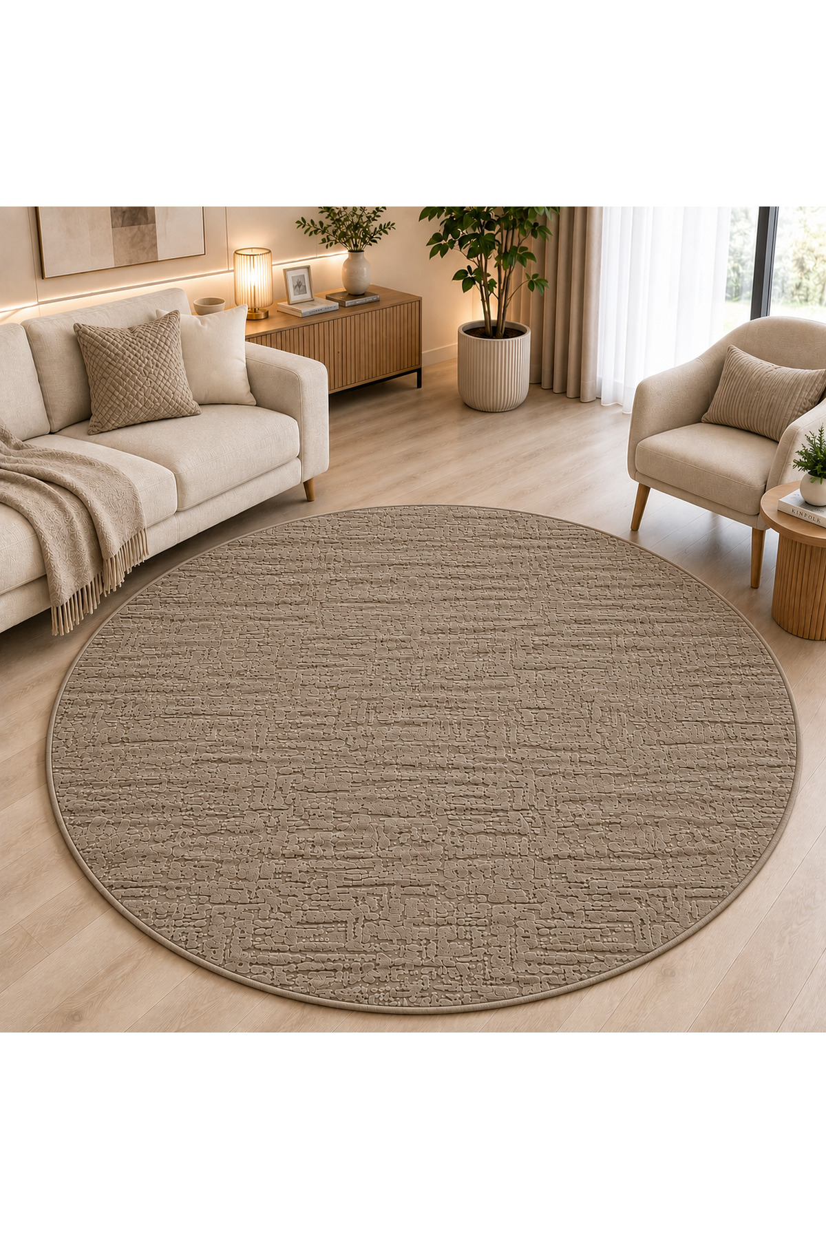 Relief Zeo Round Cut Anti-Slip Floor Washable Living Room Corridor Kitchen Carpet Runner Rug Mink
